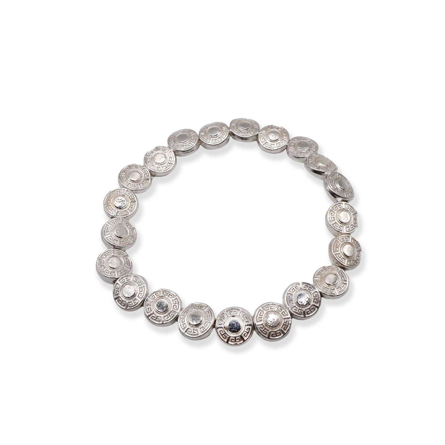 op view of silver ancient coin charm bracelet in a boho vintage style — Camins Fashion jewelry on a white background for minimalist product presentation.