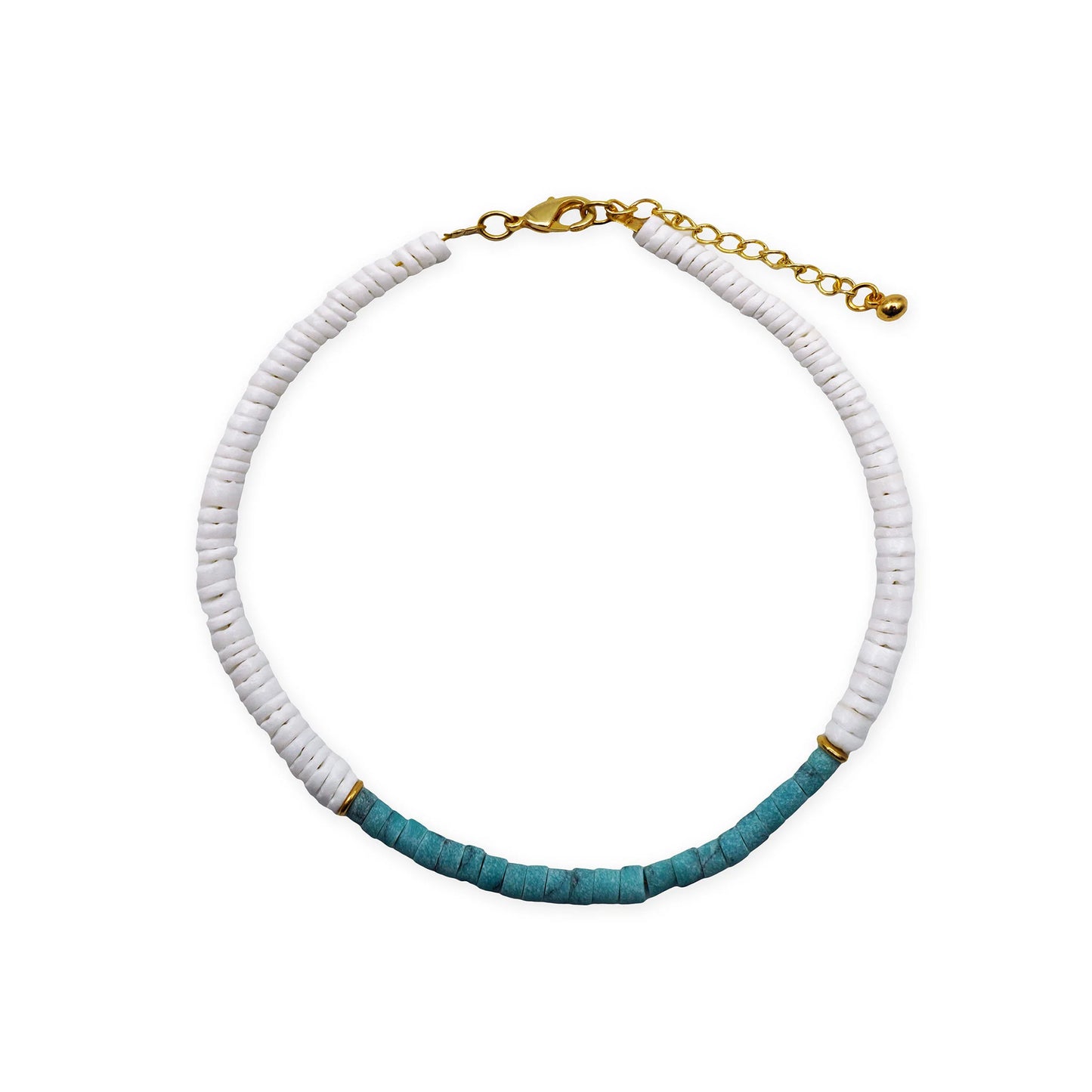 Top-down scale view of the Coastal Harmony Anklet made with natural puka shell beads and turquoise accents. Displays the anklet’s full circular form and handmade artisanal style from Bali.
