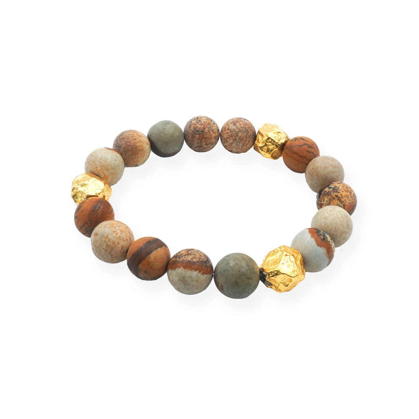 Side view of Earthstone Jasper beaded bracelet featuring natural stone beads and golden accents, capturing a balance of earthy tones and minimalist elegance.