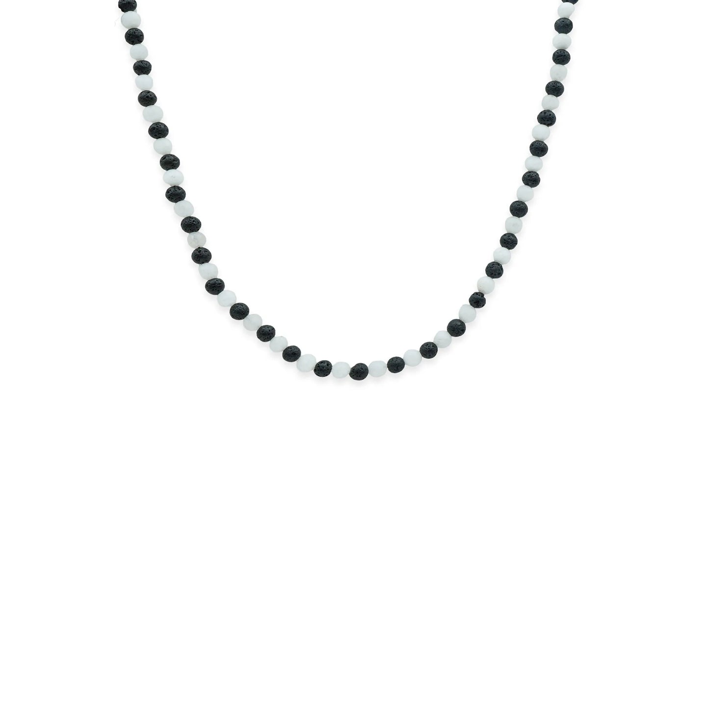 Front view of Ocean Drift Sliding Bead Necklace made with black lava beads and frosted white seaglass beads on an adjustable waxed cord – minimalist handmade coastal jewelry by Camins Fashion
