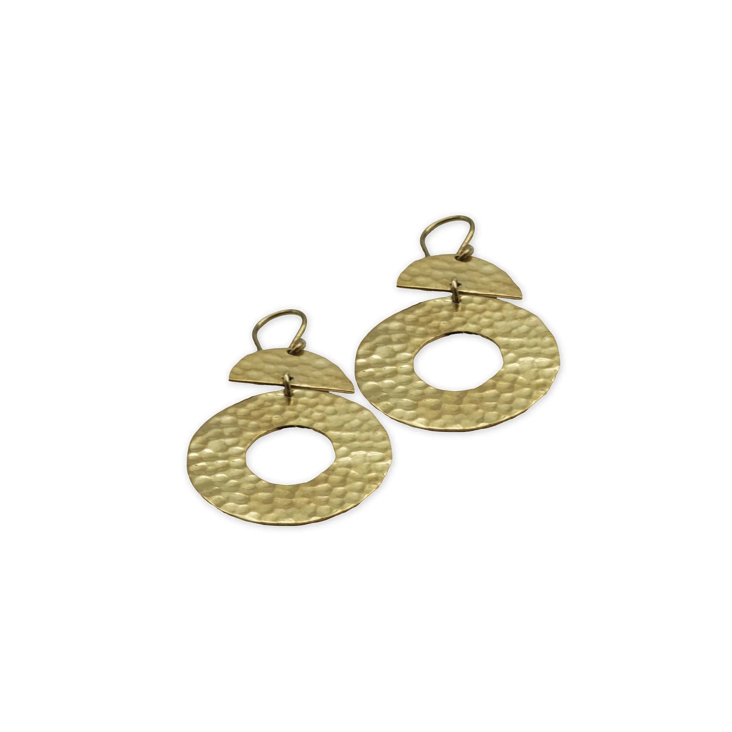 Front view of Geo Sunburst Brass Earrings – handcrafted boho-chic earrings with bold hammered texture, circular cutout, and geometric top detail in warm brass tone.