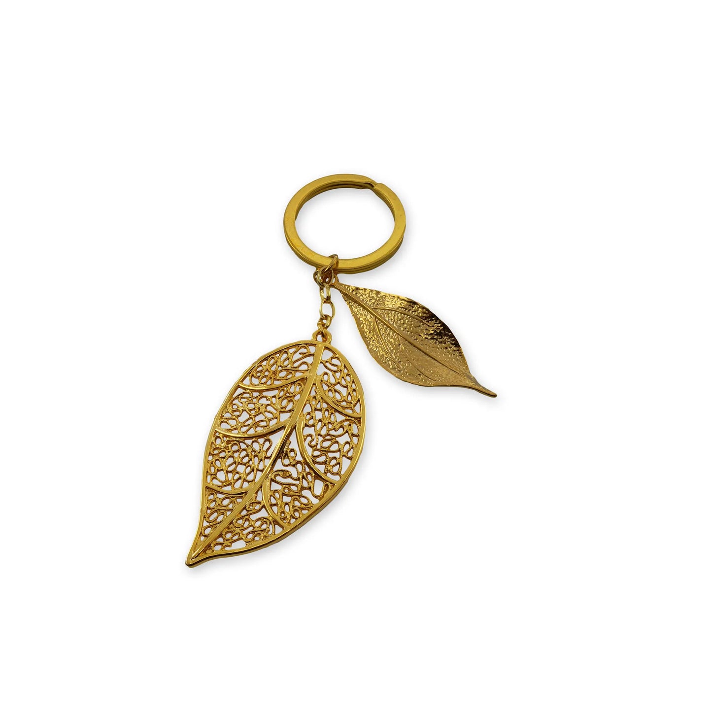 Golden Leaf Duo Keychain in 18K Gold – Top view highlighting nature-inspired dual leaf design, stylish and lightweight accessory for keys and bags.