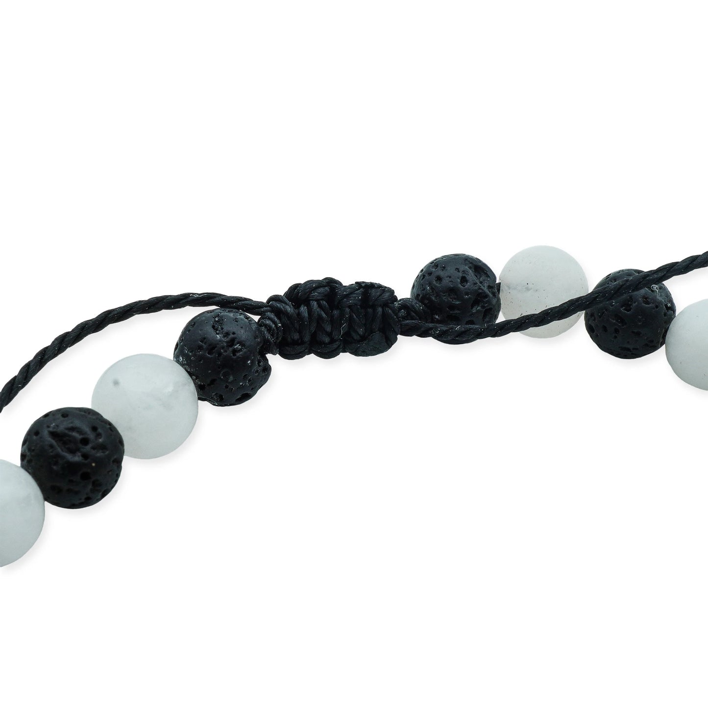 Close-up of the Ocean Drift Sliding Bead Necklace with 6mm black lava beads and soft white seaglass beads – handcrafted elegance from Bali by Camins Fashion.
