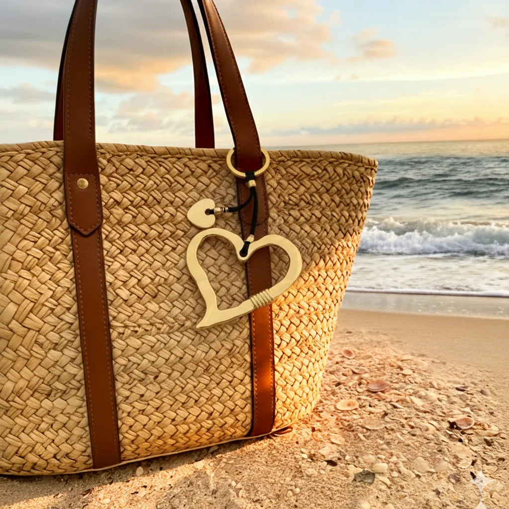 Camins handmade heart keychain styled as a bag charm on woven beach tote by the sea, coastal lifestyle accessory