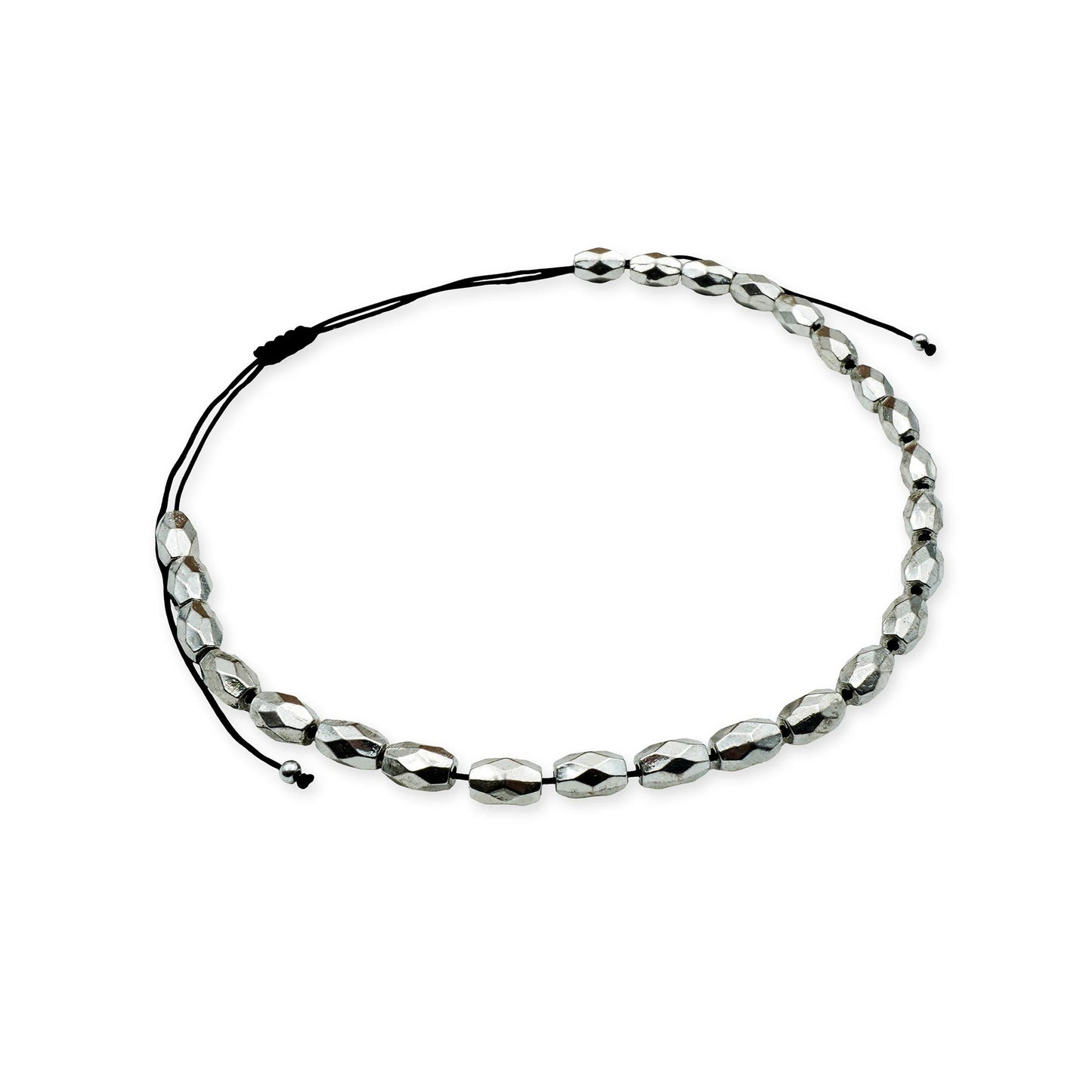 Side view of the Isla Reflections Sliding Necklace with shimmering faceted silver beads, handmade on silk cord in Bali, reflecting Mediterranean minimalist elegance.