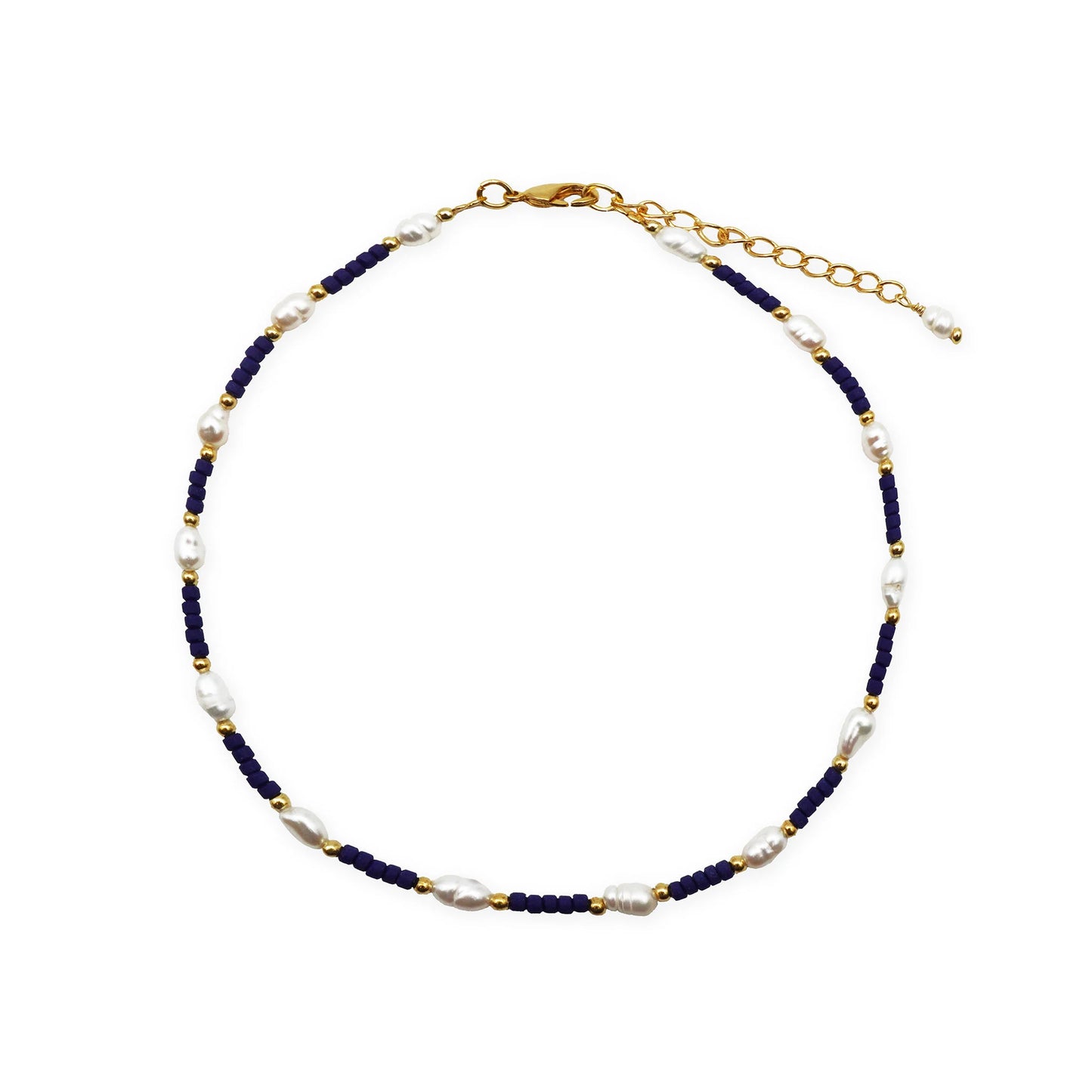Scale view of the Celestial Pearl & Bead Anklet, arranged in full circular form to show size and proportions. Features freshwater pearls and glass beads in a celestial boho design, handmade in Bali.