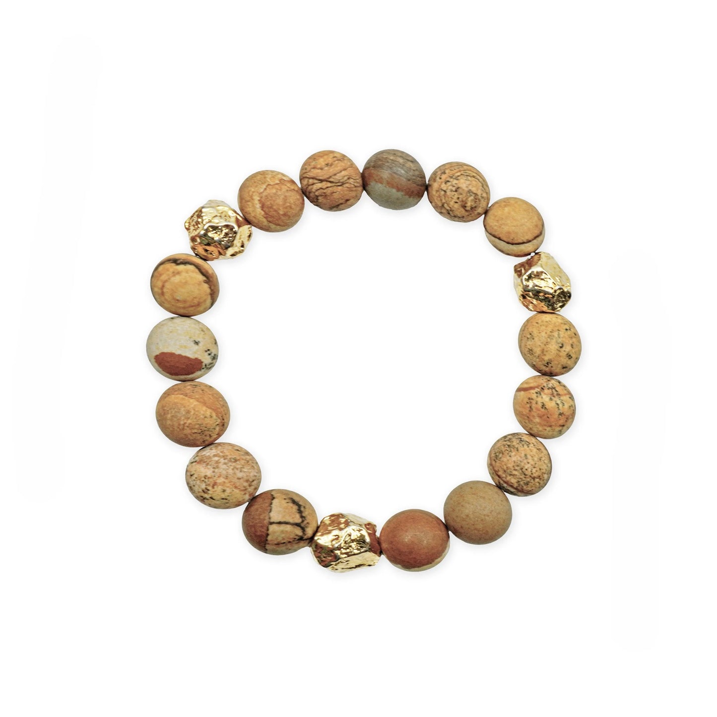 Earthstone Jasper beaded bracelet shown with a size reference, highlighting natural stone texture and golden accent beads in a minimalist scale comparison.