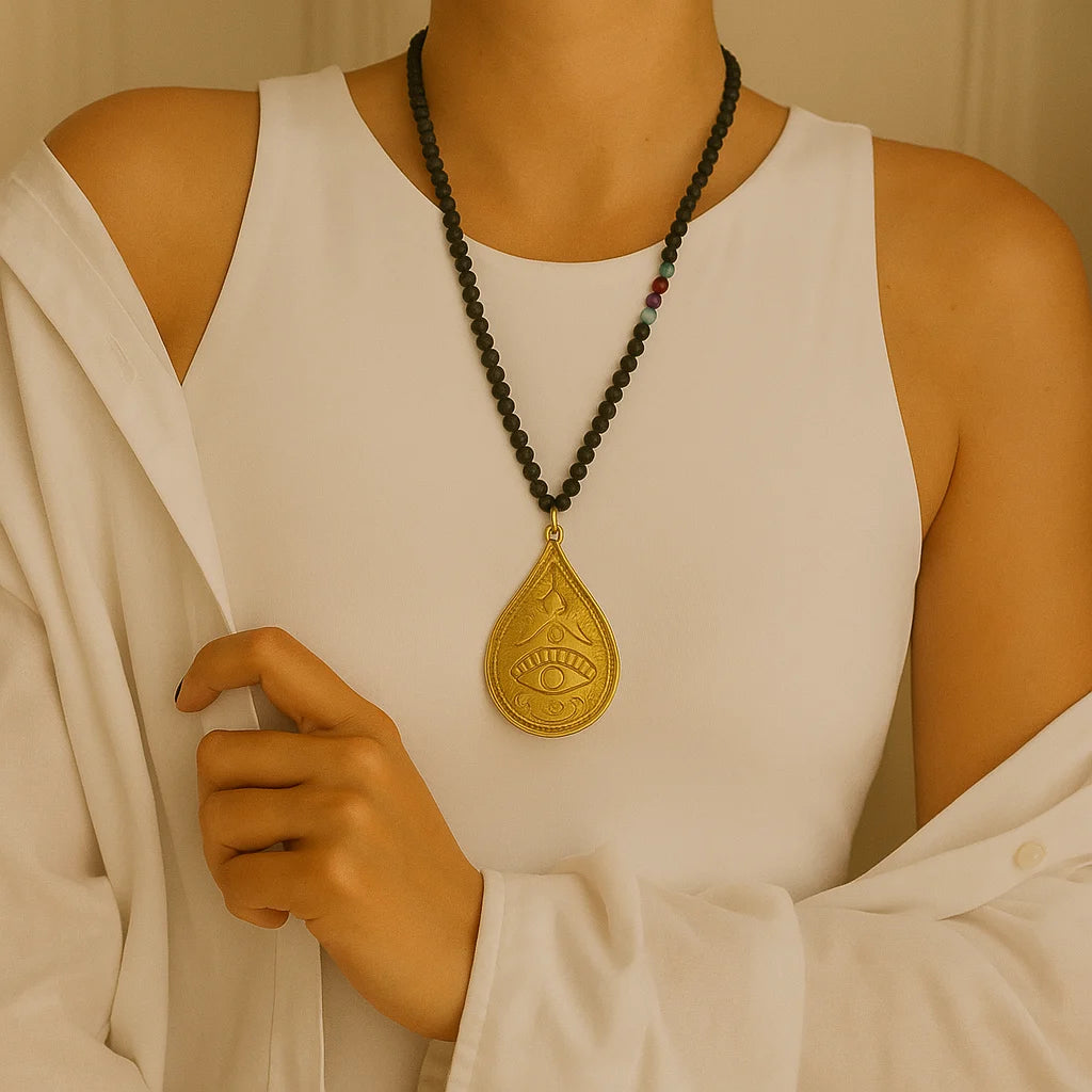 Model wearing the Lava Beads Brass Pendant Necklace featuring a large teardrop-shaped brass charm with engraved detailing and black lava stone beads, styled in a white outfit that highlights the necklace’s boho elegance and earthy Mediterranean charm.