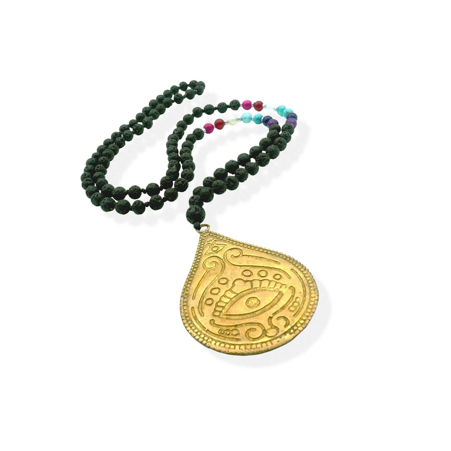 Close-up of the Lava Beads Brass Pendant Necklace featuring black lava stones, colorful gemstone accents, and a large teardrop-shaped engraved brass pendant. A handcrafted boho statement piece reflecting earthy elegance and Mediterranean-Balinese charm.