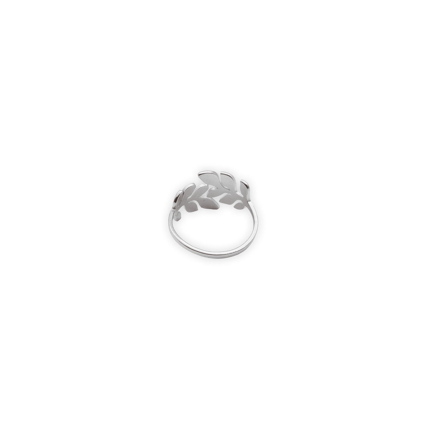 Olive Whisper Ring – Back view of silver-plated adjustable ring showing the smooth open band and subtle curve of the olive branch silhouette
