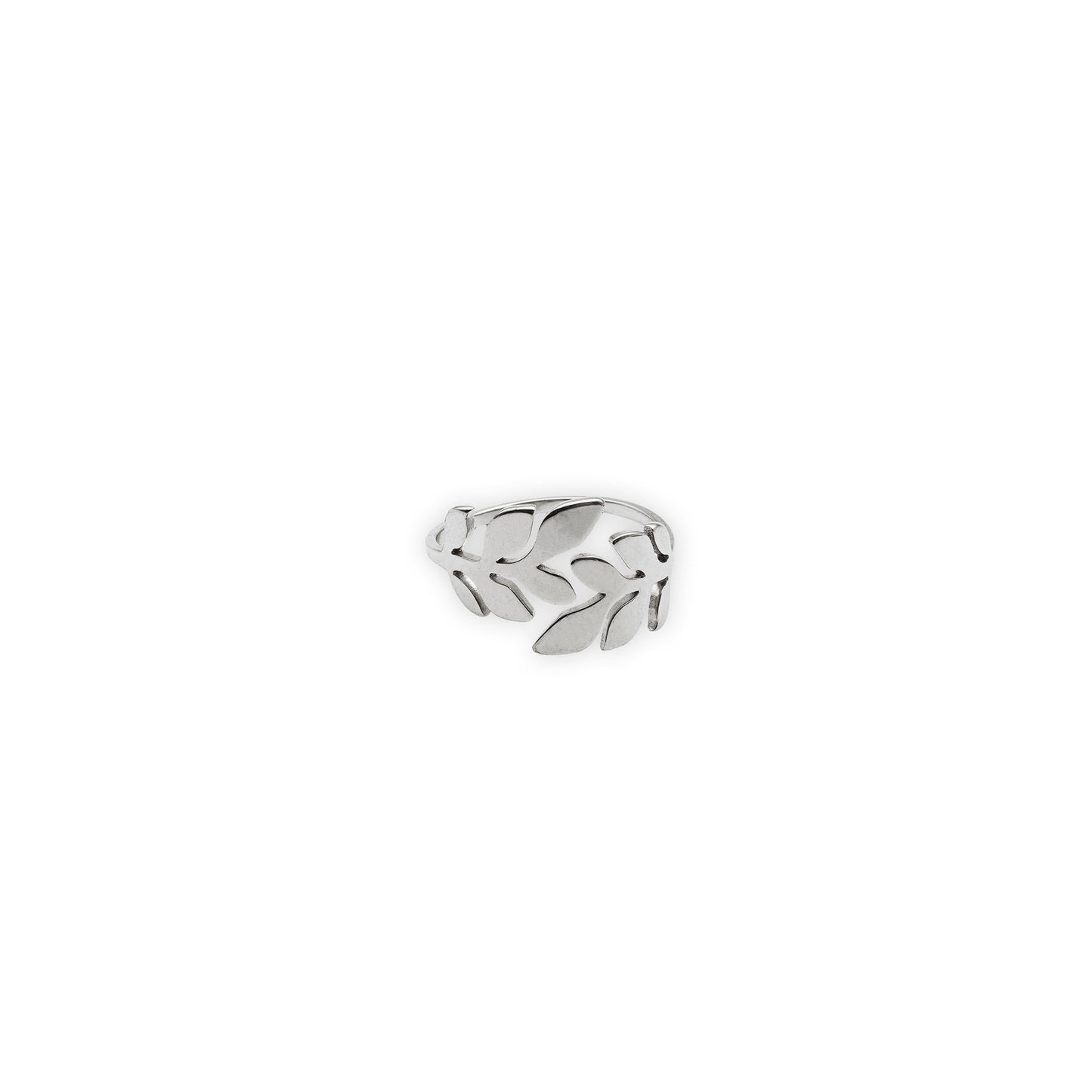 Olive Whisper Ring – Front view of silver-plated adjustable ring featuring a delicate olive branch design, blending minimalist charm with natural elegance