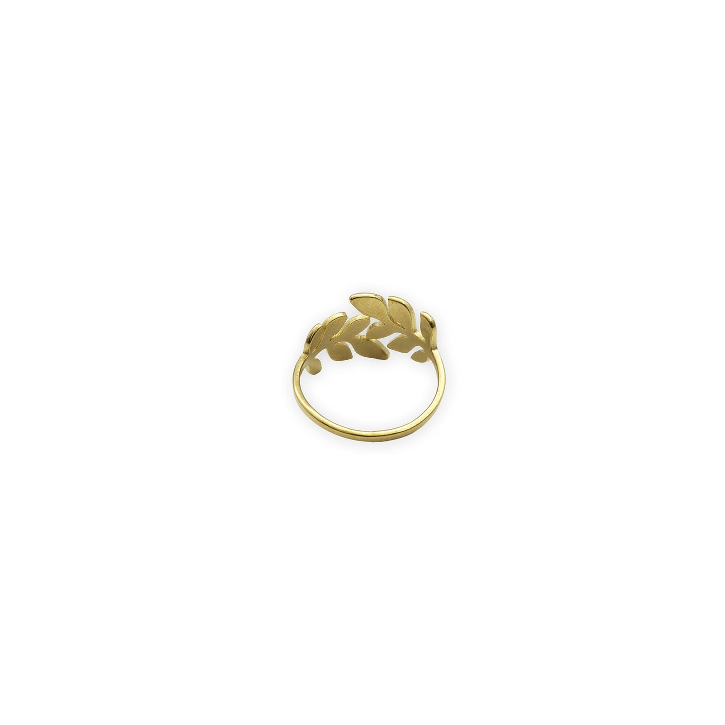 Olive Whisper Ring – Back view of 18K gold-plated adjustable ring in stainless steel, showcasing the smooth open band and elegant botanical silhouette