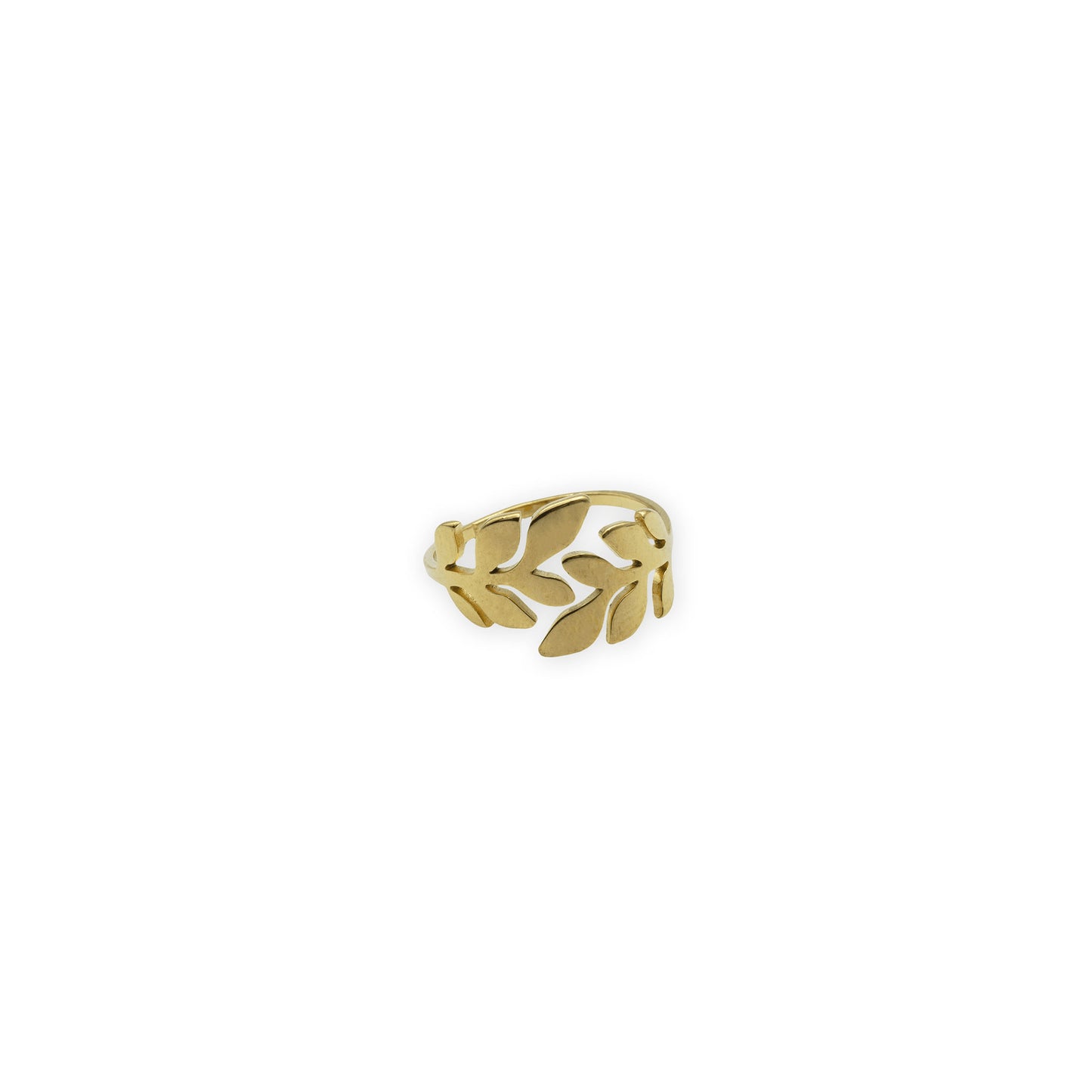 Olive Whisper Ring – Front view of 18K gold-plated stainless steel ring with a delicate olive branch design, offering a nature-inspired boho look