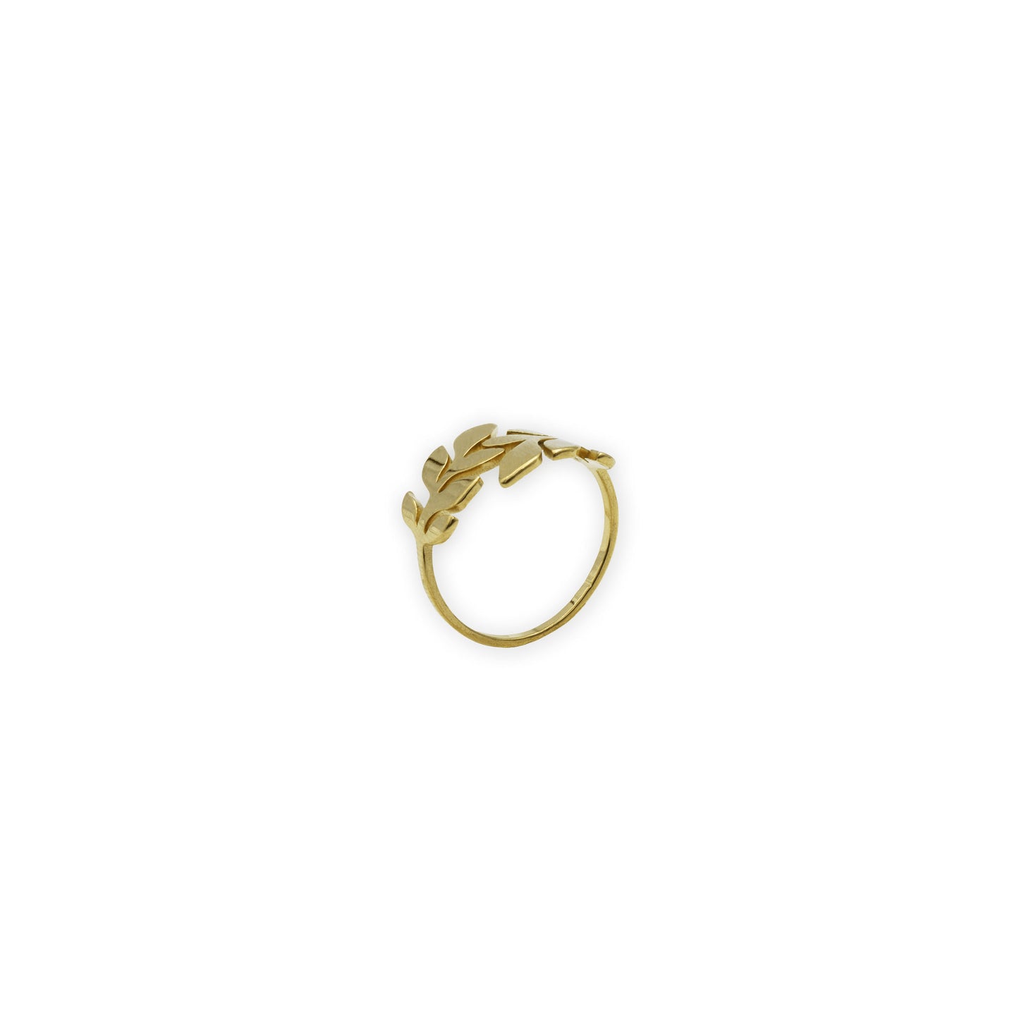 Olive Whisper Ring – Side view of gold-plated stainless steel ring with a flowing olive branch design, blending nature’s elegance with modern minimalism