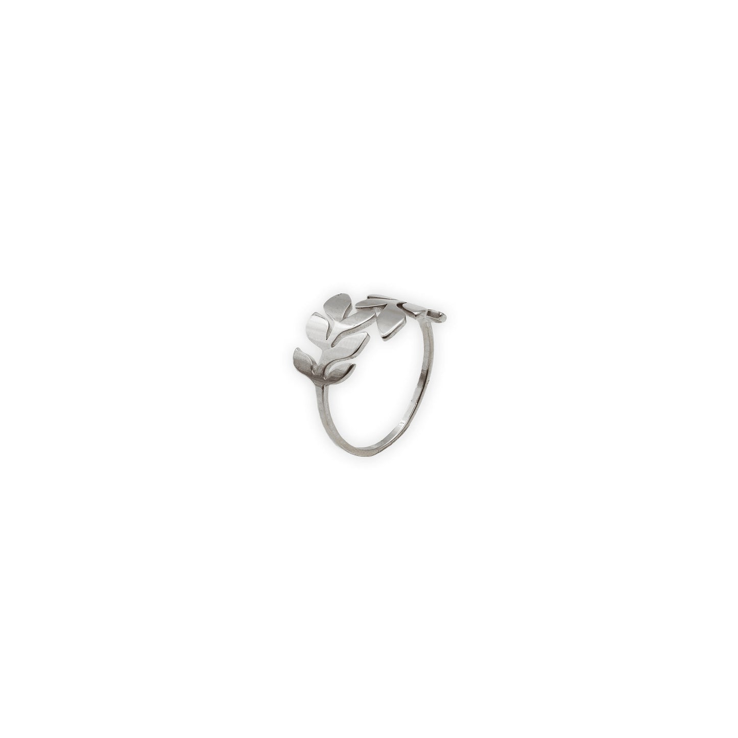Olive Whisper Ring – Side view of silver-plated stainless steel ring featuring a graceful olive branch motif with a delicate, nature-inspired curve