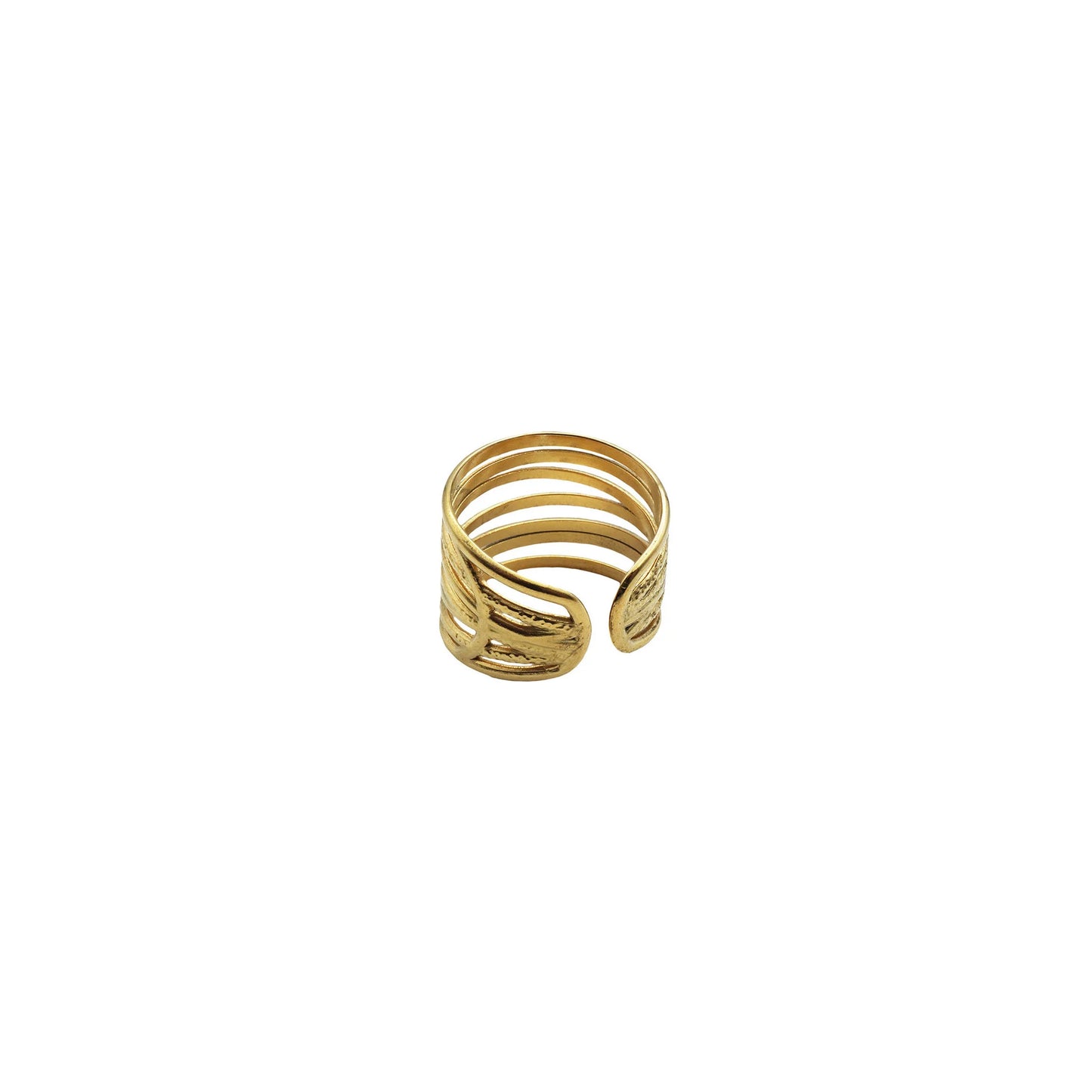 Raya Wave Ring – Side view of gold-tone ring with undulating wave-shaped band, capturing minimalist elegance and natural flow