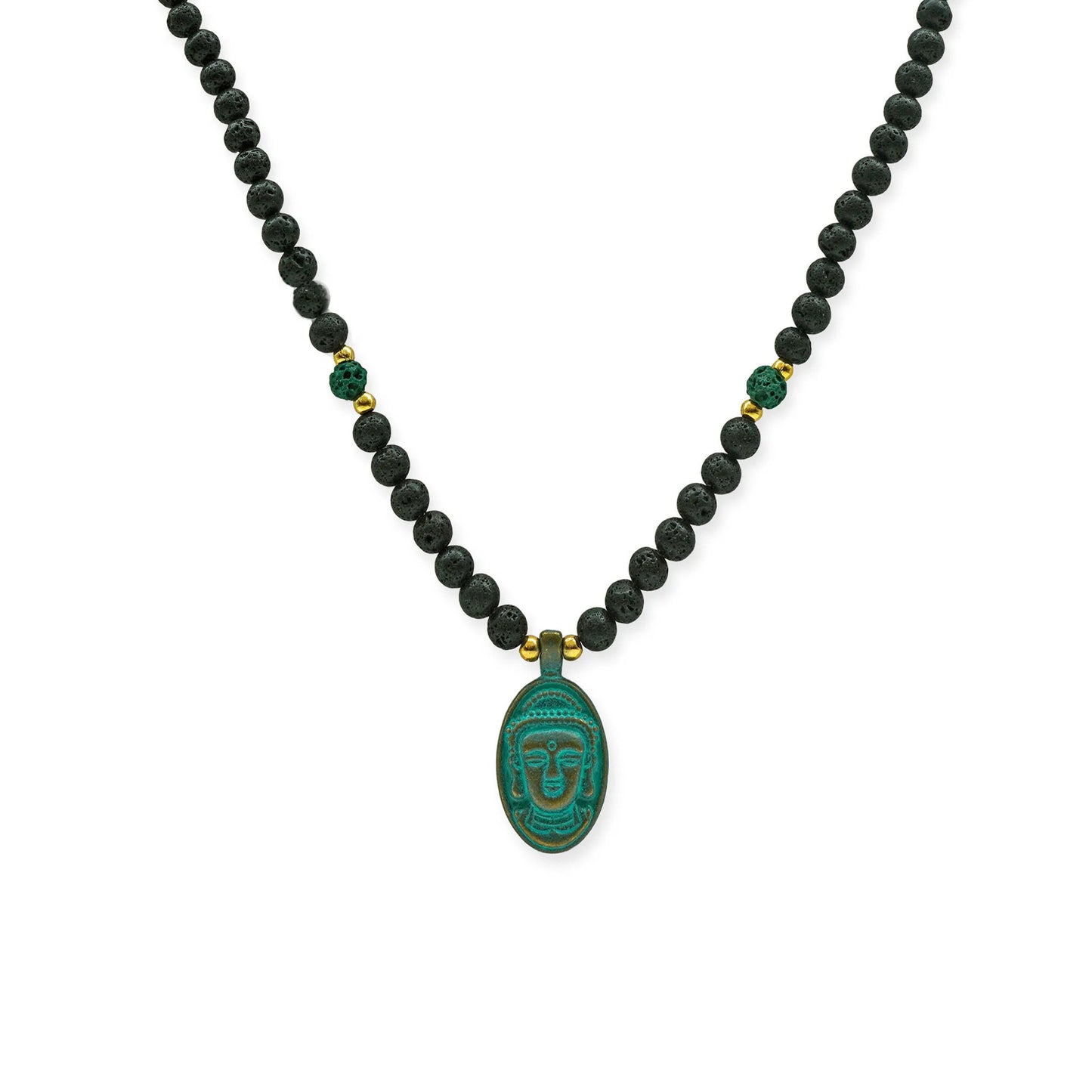 Front view of Sacred Lava Buddha Pendant Necklace featuring black lava beads and green Buddha charm, handmade in Bali by Camins Fashion.