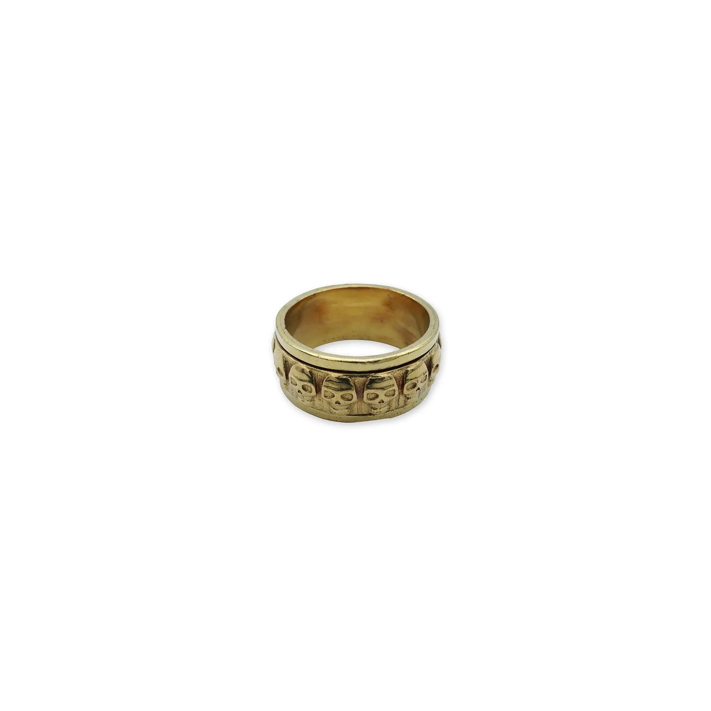 Skull Band Ring – Front view of silver-tone wide band ring with bold skull engravings, perfect for edgy boho style