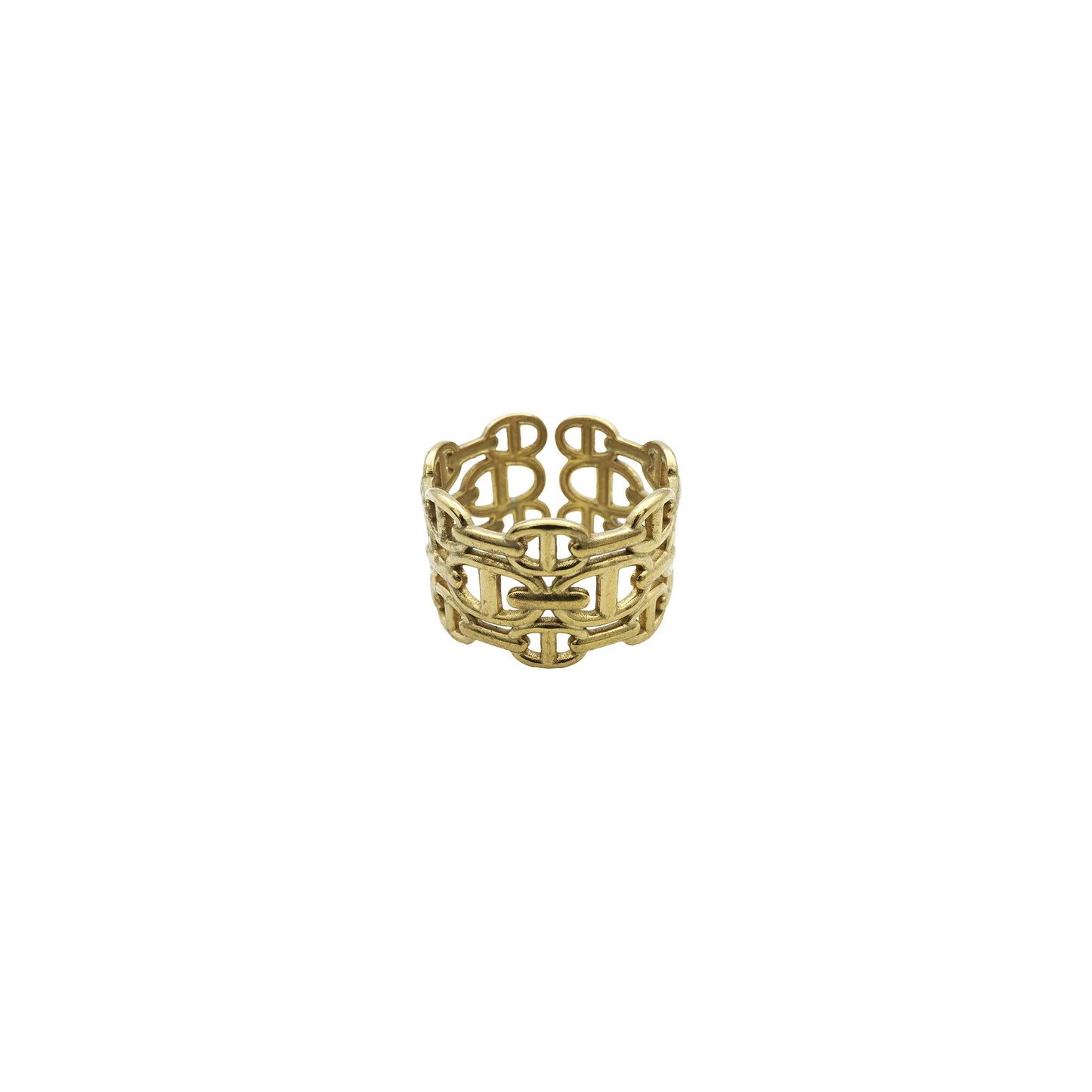 Urban Link Ring – Front view of chunky gold-tone ring with interlocking chain-link design, blending bold detail with urban-inspired style