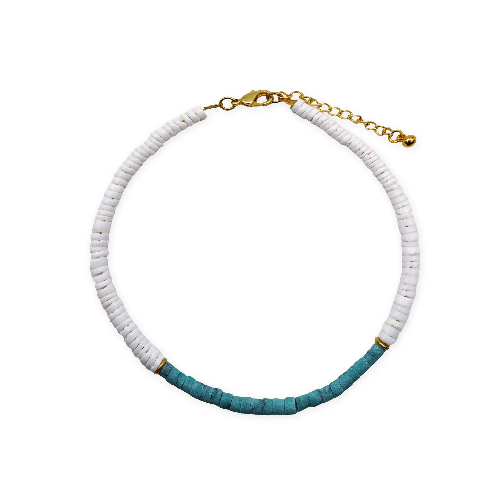 Top-down scale view of the Coastal Harmony Anklet made with natural puka shell beads and turquoise accents. Displays the anklet’s full circular form and handmade artisanal style from Bali.