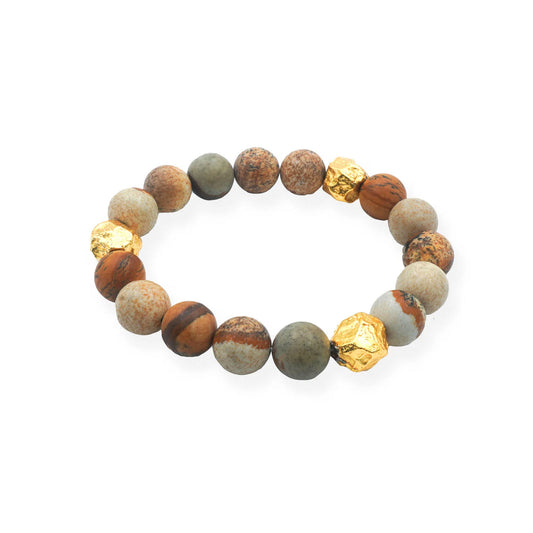 Side view of Earthstone Jasper beaded bracelet featuring natural stone beads and golden accents, capturing a balance of earthy tones and minimalist elegance.