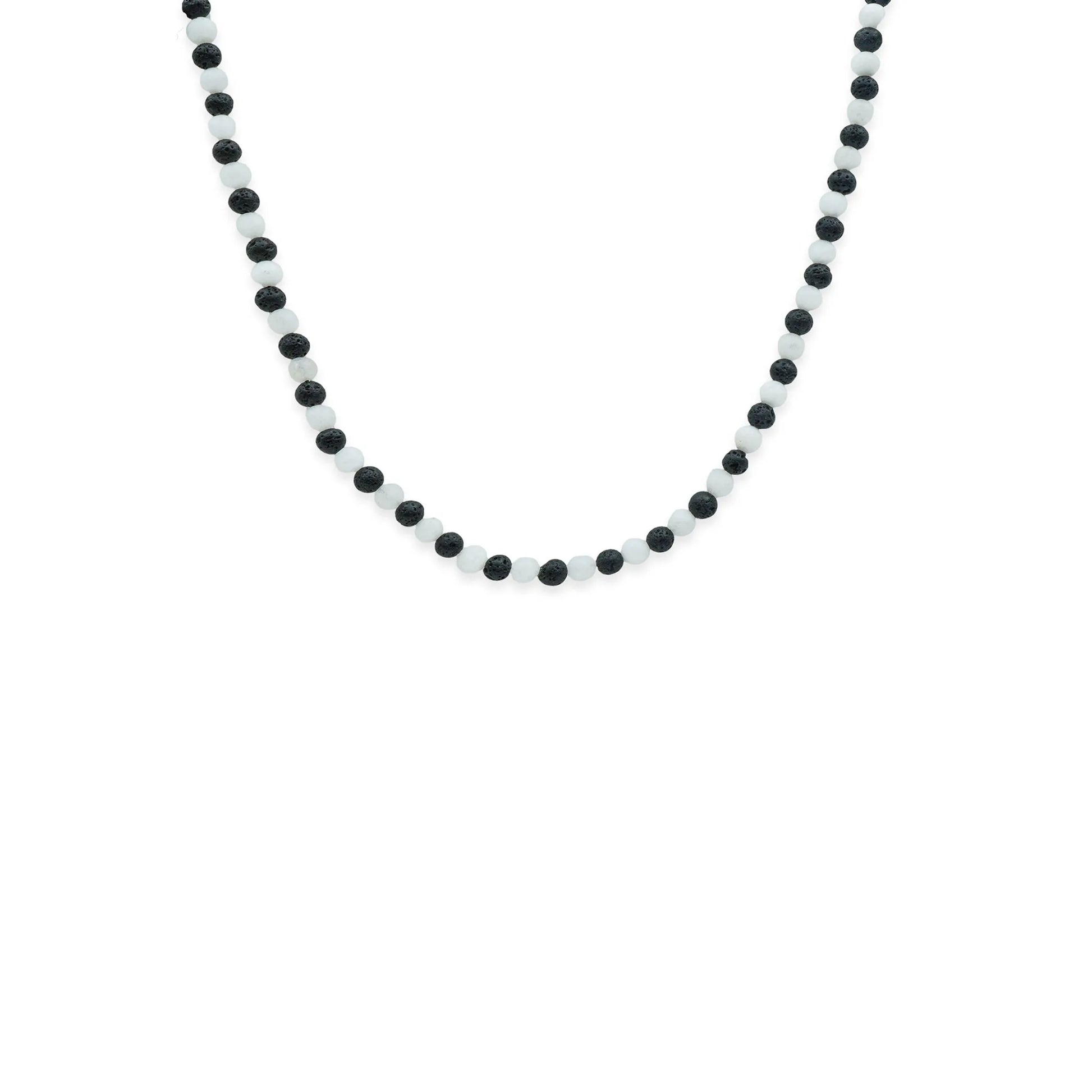 Front view of Ocean Drift Sliding Bead Necklace made with black lava beads and frosted white seaglass beads on an adjustable waxed cord – minimalist handmade coastal jewelry by Camins Fashion