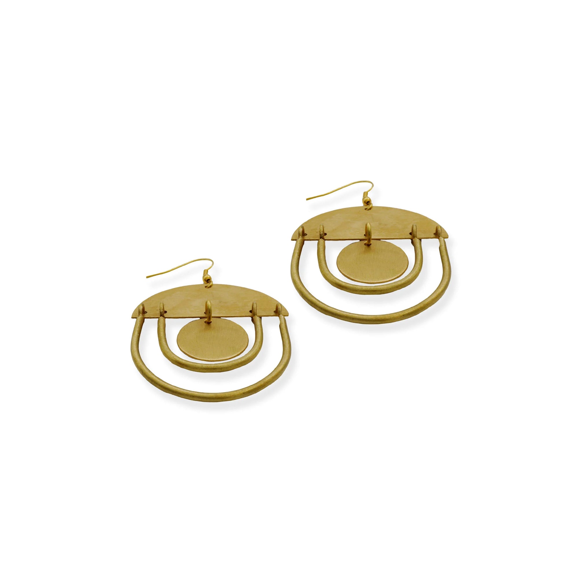 Front view of Camins Fashion's Golden Arc Statement Earrings featuring bold geometric brass shapes with dual arches and circular drop – handcrafted boho-chic elegance.