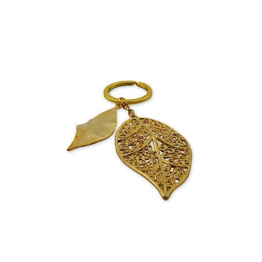 Golden Leaf Duo Keychain in 18K Gold – Front view showcasing elegant nature-inspired design, lightweight alloy accessory for bags and keys, minimalist fashion jewelry.