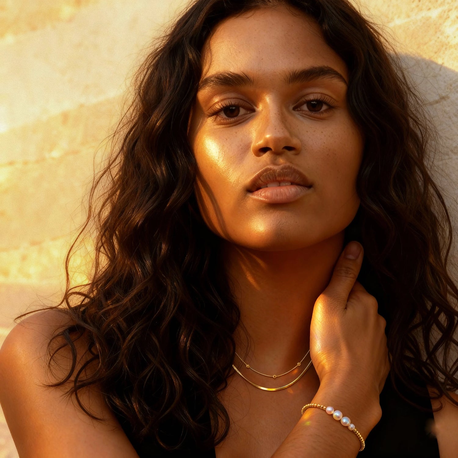 Woman with sun-kissed skin and jewelry against a warm-toned background