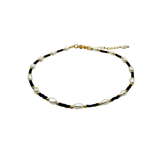 Celestial Pearl & Onyx Anklet – Handmade in Bali