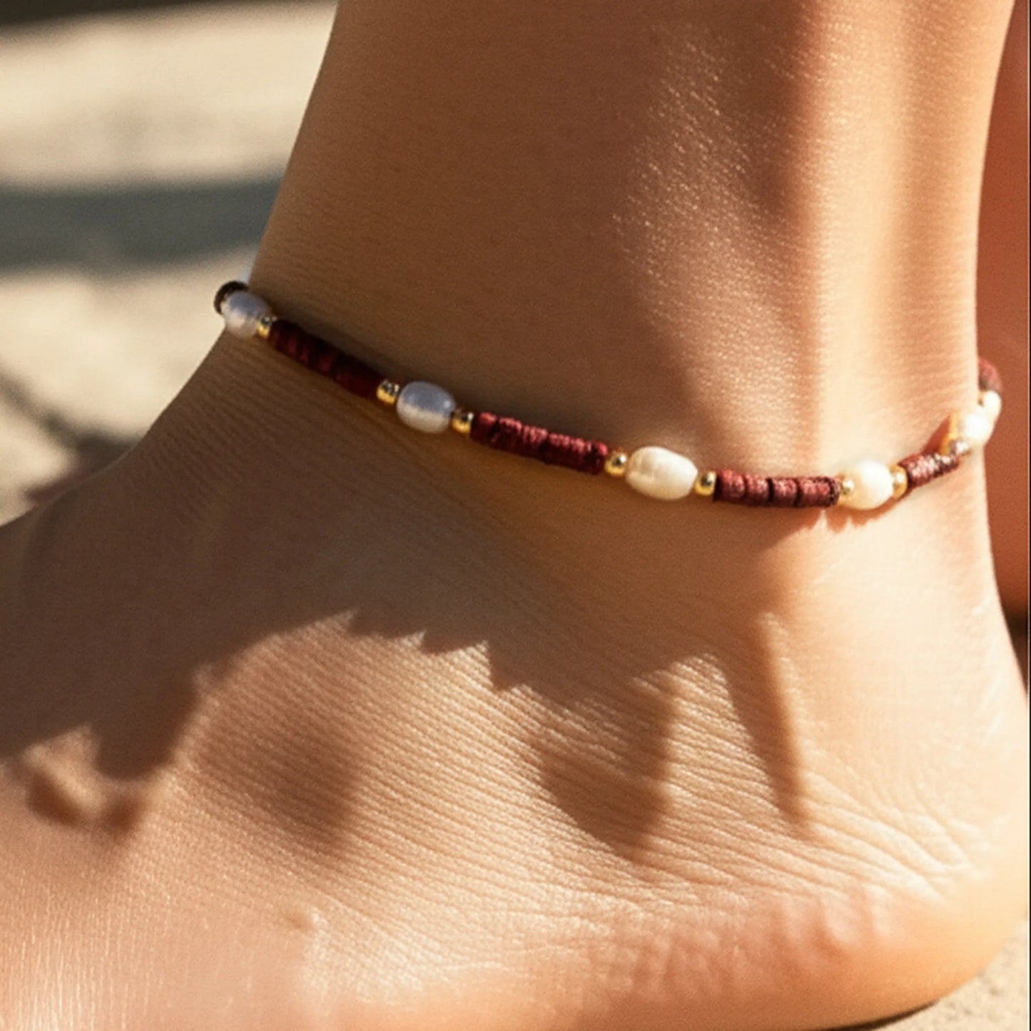 Crimson Pearl Anklet – Handmade Boho Jewelry from Bali