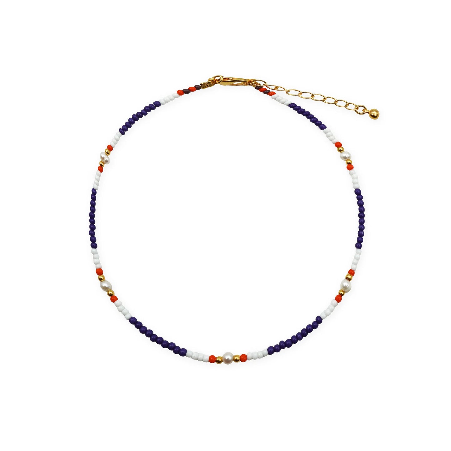 Scale view of the Seaside Harmony Beaded Anklet, showing its full circular design with alternating shell and glass beads in calming coastal colors—handcrafted in Bali.