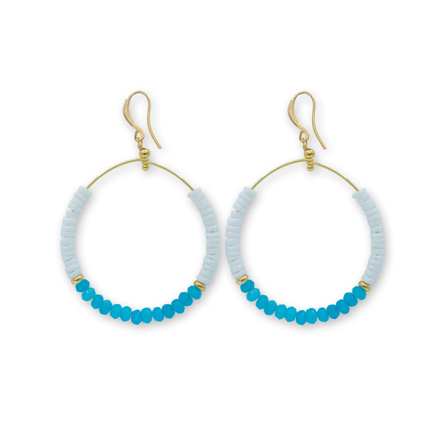 Puka Shell & Stone Hoop Earrings – Coastal Boho Chic, featuring handcrafted hoops adorned with natural puka shells and blue agate stones, perfect for a beach-inspired, bohemian look