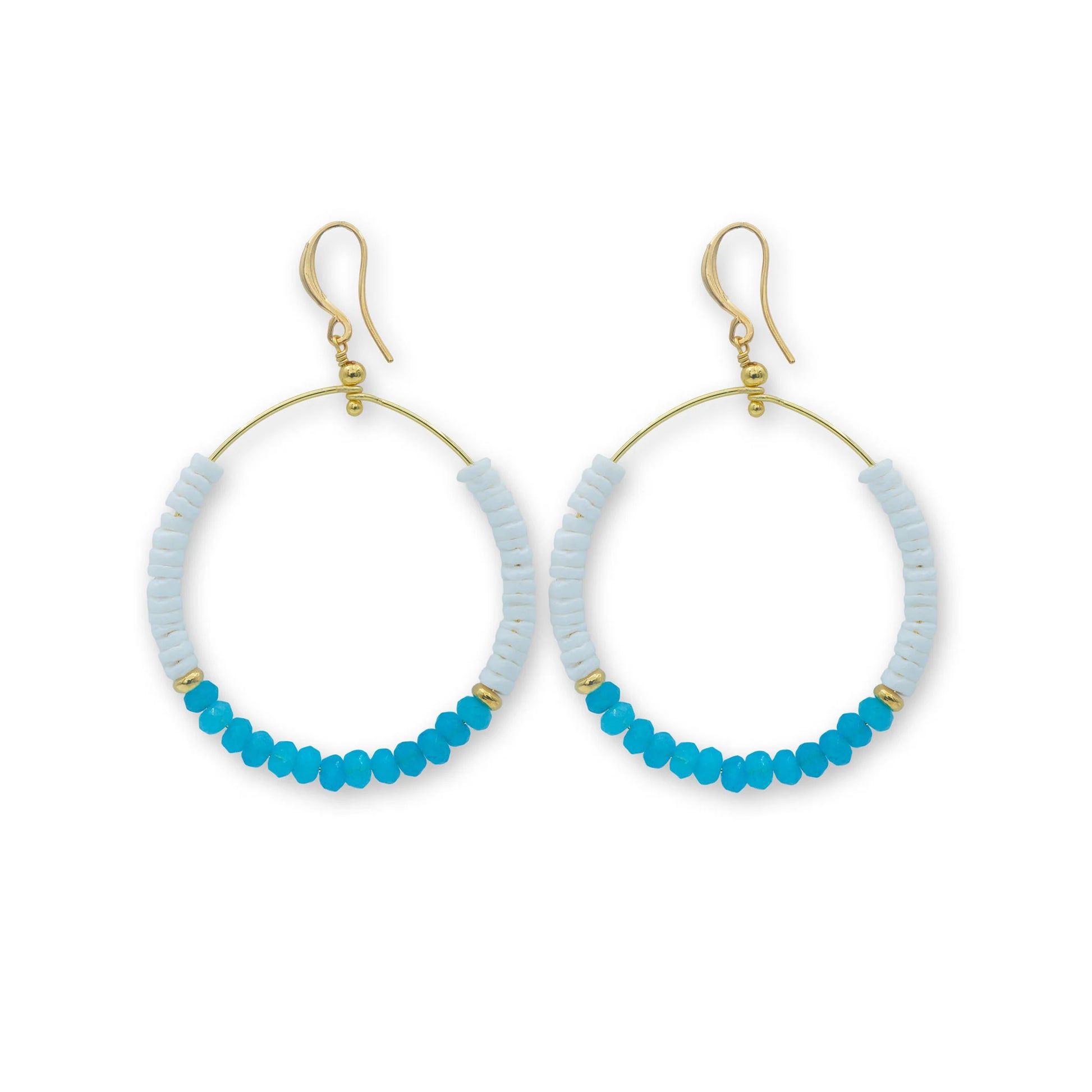 Puka Shell & Stone Hoop Earrings – Coastal Boho Chic, featuring handcrafted hoops adorned with natural puka shells and blue agate stones, perfect for a beach-inspired, bohemian look