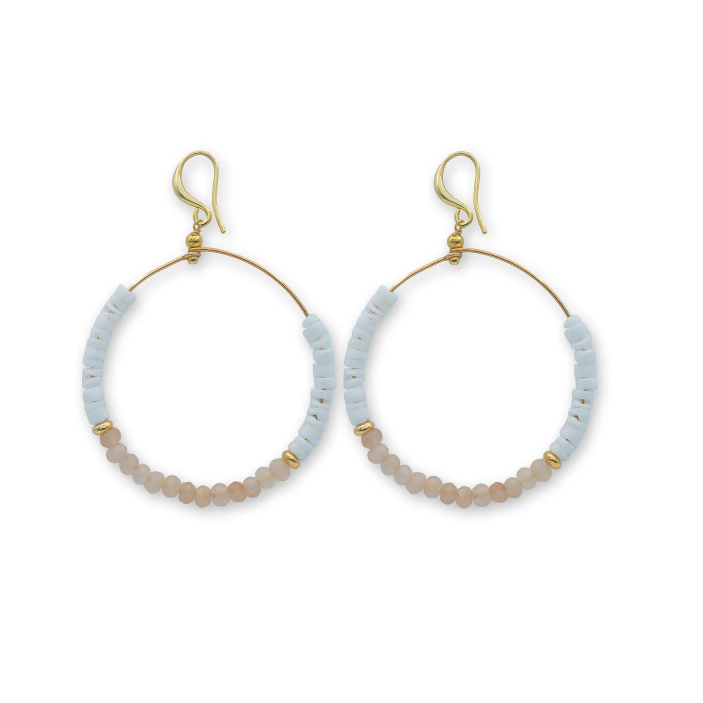 Puka Shell & Stone Hoop Earrings – Coastal Boho Chic, featuring handcrafted hoops adorned with natural puka shells and orange aventurine stones, perfect for a beach-inspired, bohemian look."