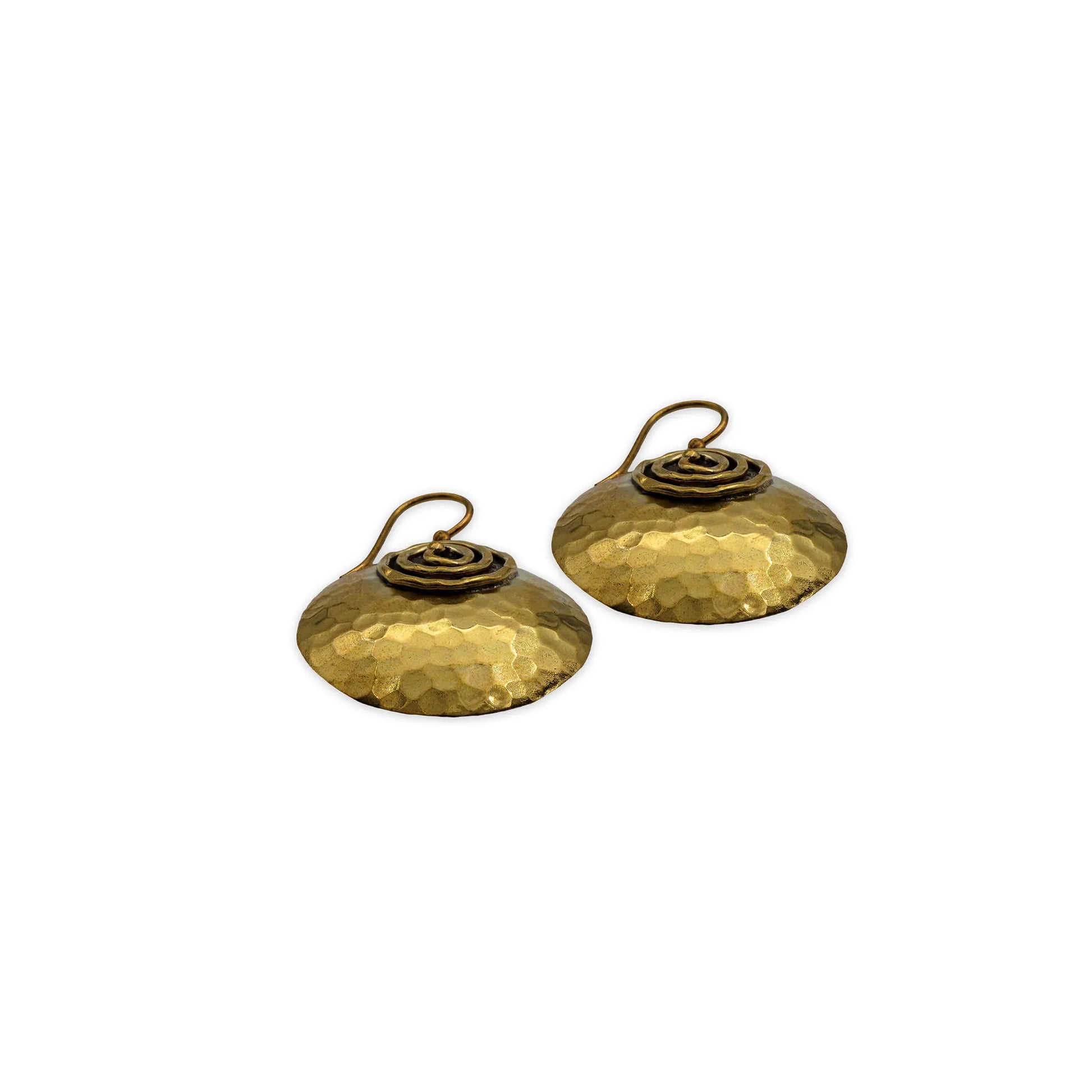 Front view of Camins Fashion's Spiral Glow Brass Earrings featuring hammered dome-shaped brass with a hand-forged spiral accent – bold bohemian style with radiant artisan charm