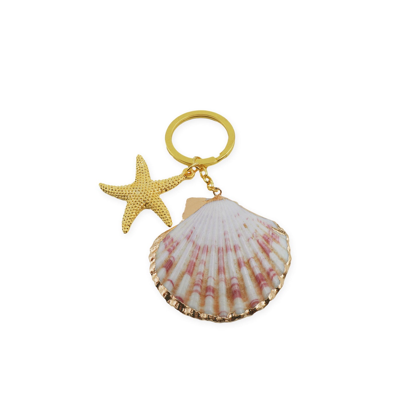 Top view of the Coastal Bloom Shell & Star Keychain in radiant 18K gold, laid flat to highlight its sculpted charms — evoking beachside elegance with a Mediterranean soul.
