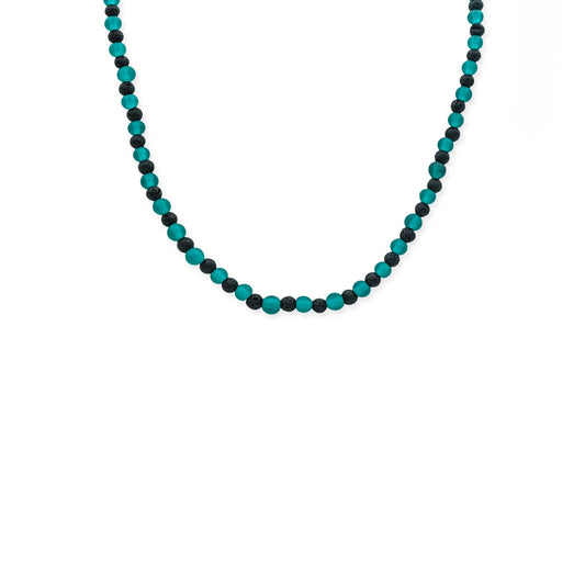 Front view of Verdant Tide Sliding Bead Necklace by Camins Fashion – featuring alternating green seaglass and black lava beads on an adjustable waxed cord, capturing coastal freshness and earthy balance.