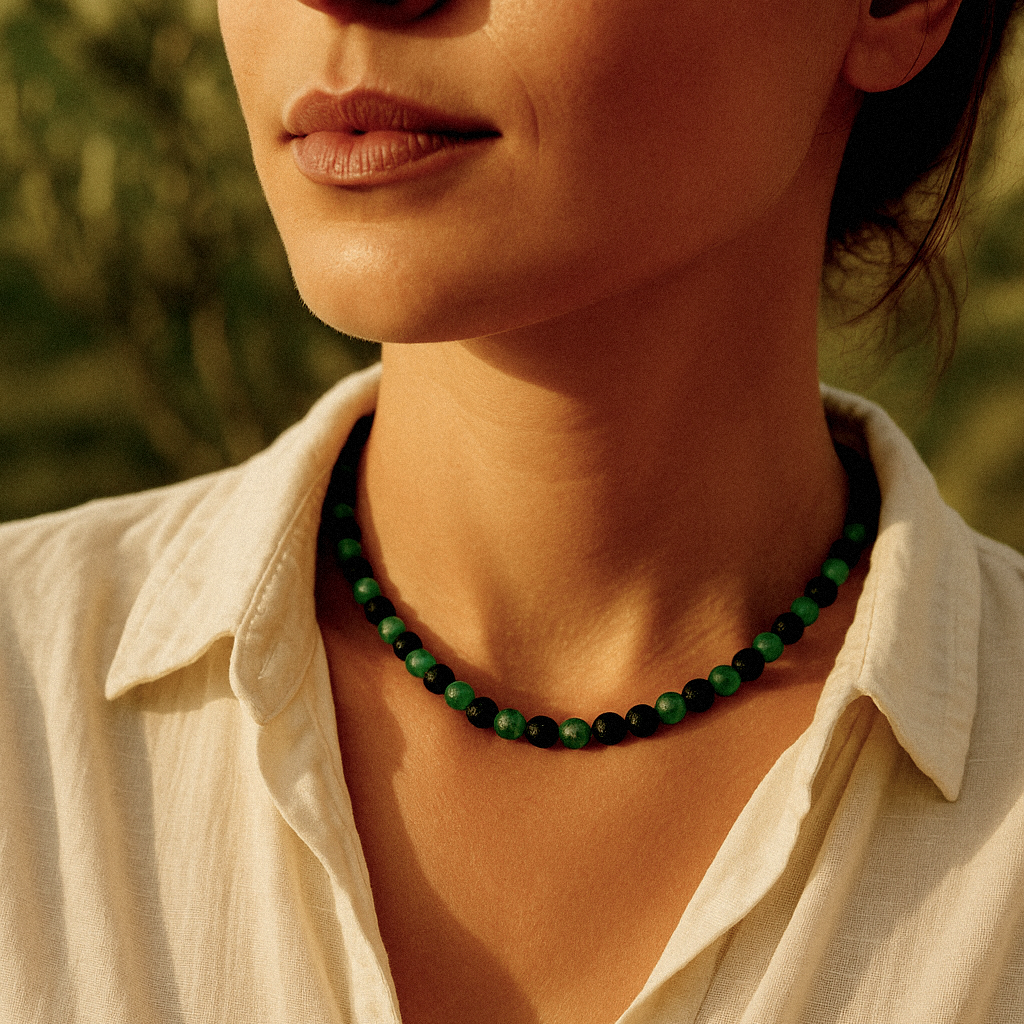 Verdant Tide Sliding Bead Necklace – Green Seaglass & Lava