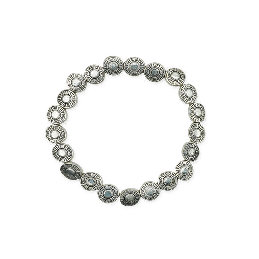 Scale view of the Ancient Coin Bracelet with vintage silver coin charms and boho-inspired design, handmade in Bali for an artisanal, timeless look.