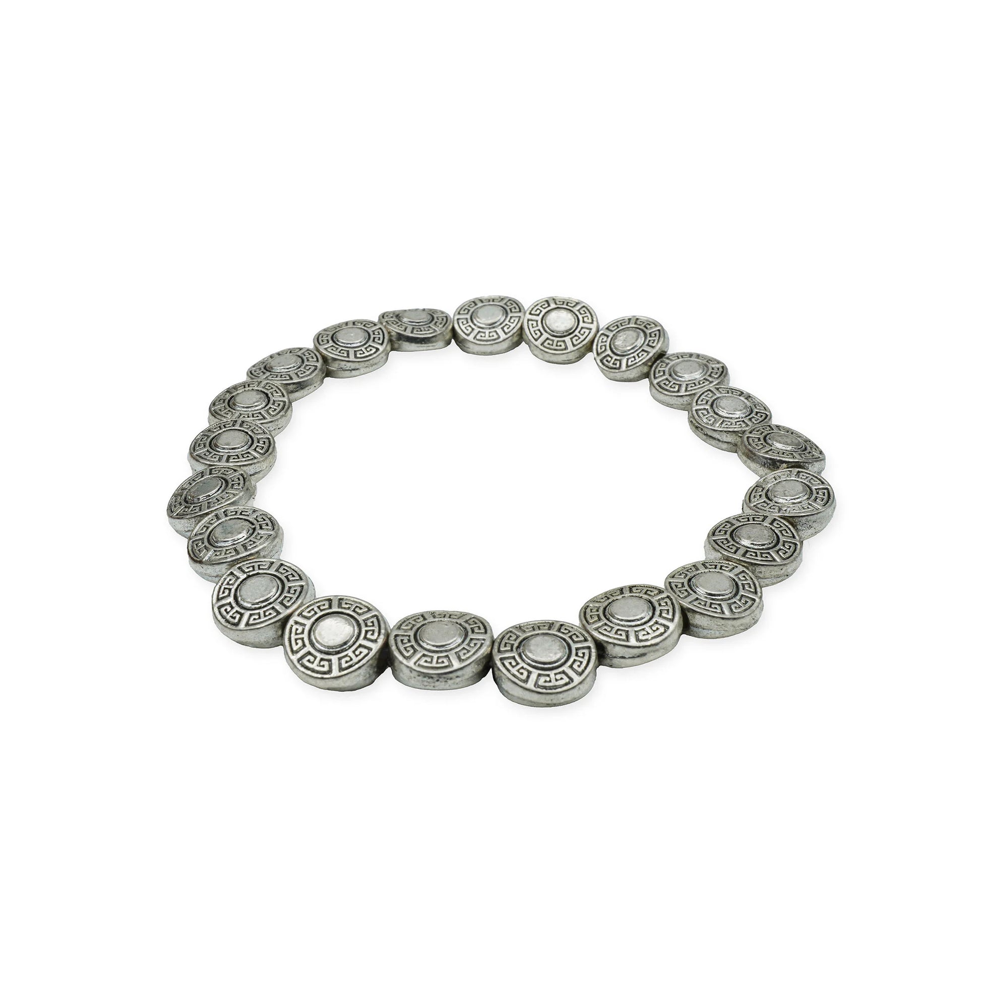 Side view of the Ancient Coin Bracelet featuring vintage-style silver coin charms and boho detailing, handmade in Bali for timeless, historical elegance.

