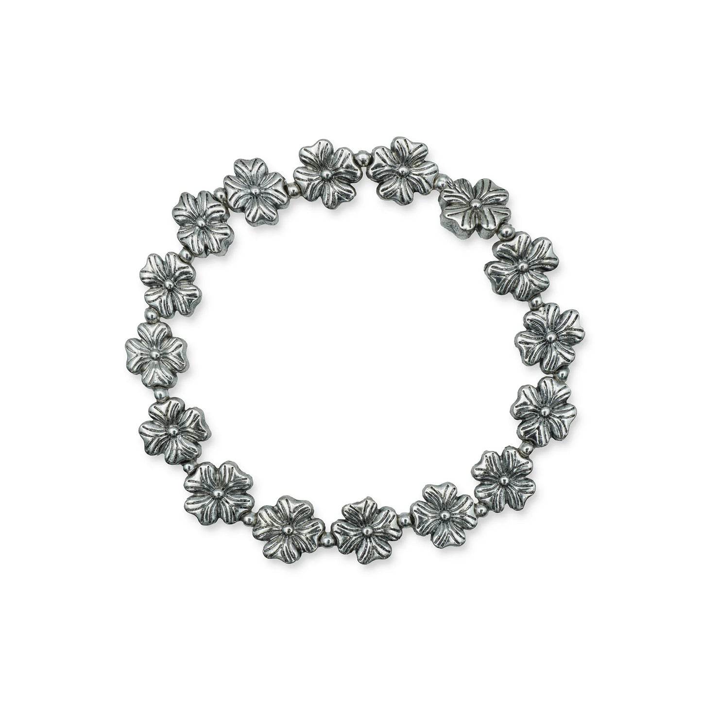 Scale view of the Blooming Blossom Bracelet showing size and proportions, featuring delicate floral charm beads and handmade craftsmanship from Bali.

