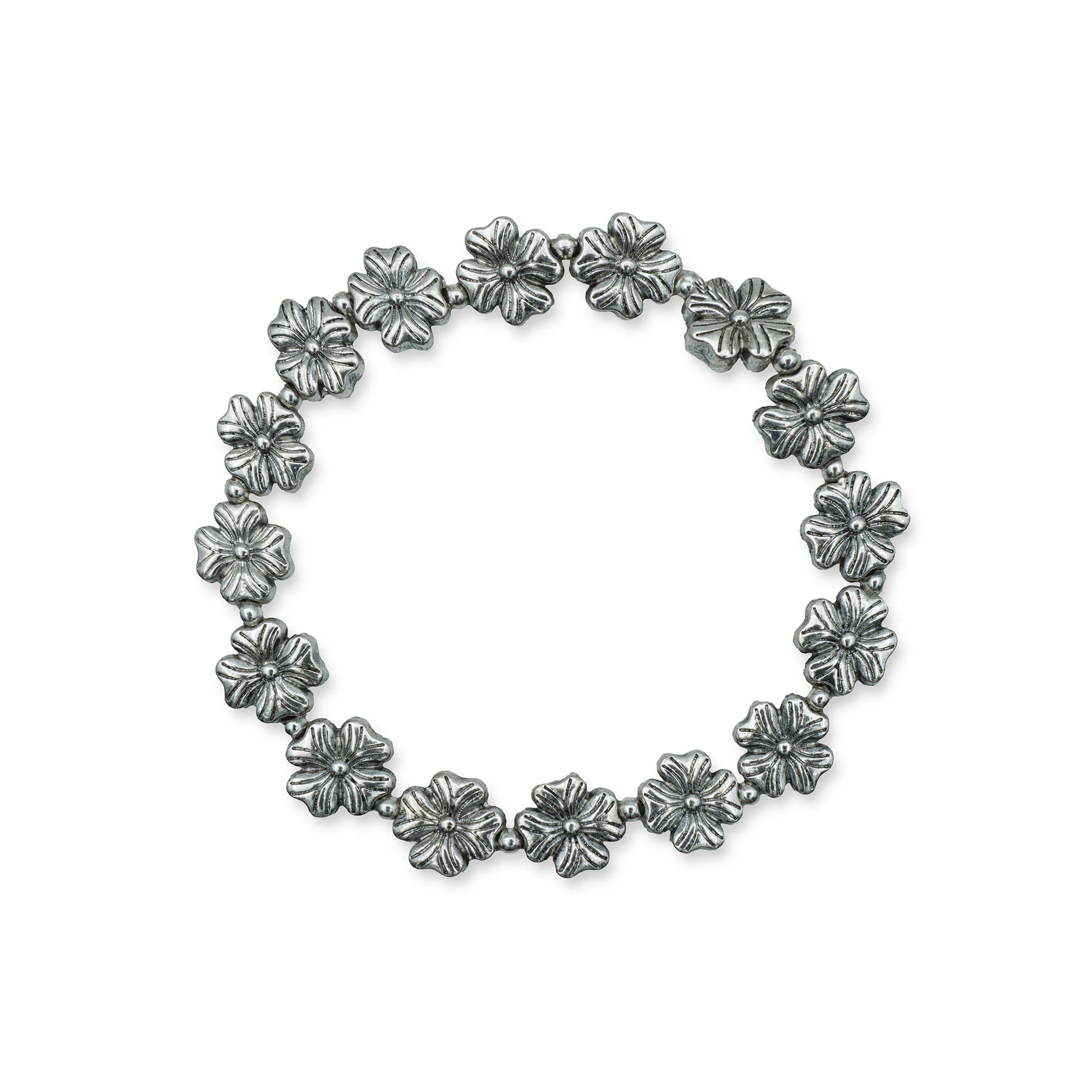 Scale view of the Blooming Blossom Bracelet showing size and proportions, featuring delicate floral charm beads and handmade craftsmanship from Bali.

