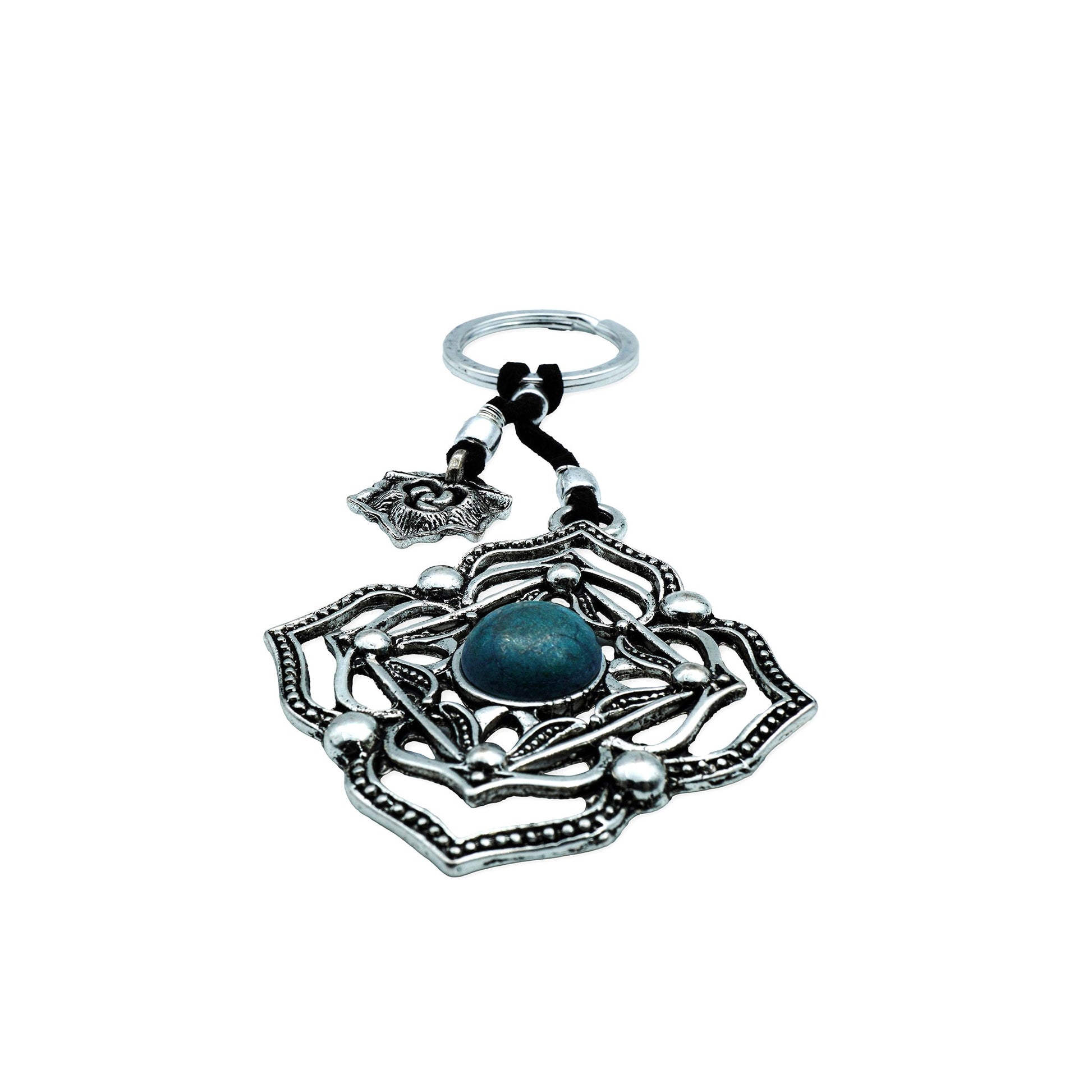 Front view of Boho Bloom Keychain featuring a handcrafted floral design with a textured vintage finish and centered natural stone accent, capturing bohemian spirit and artisanal charm.