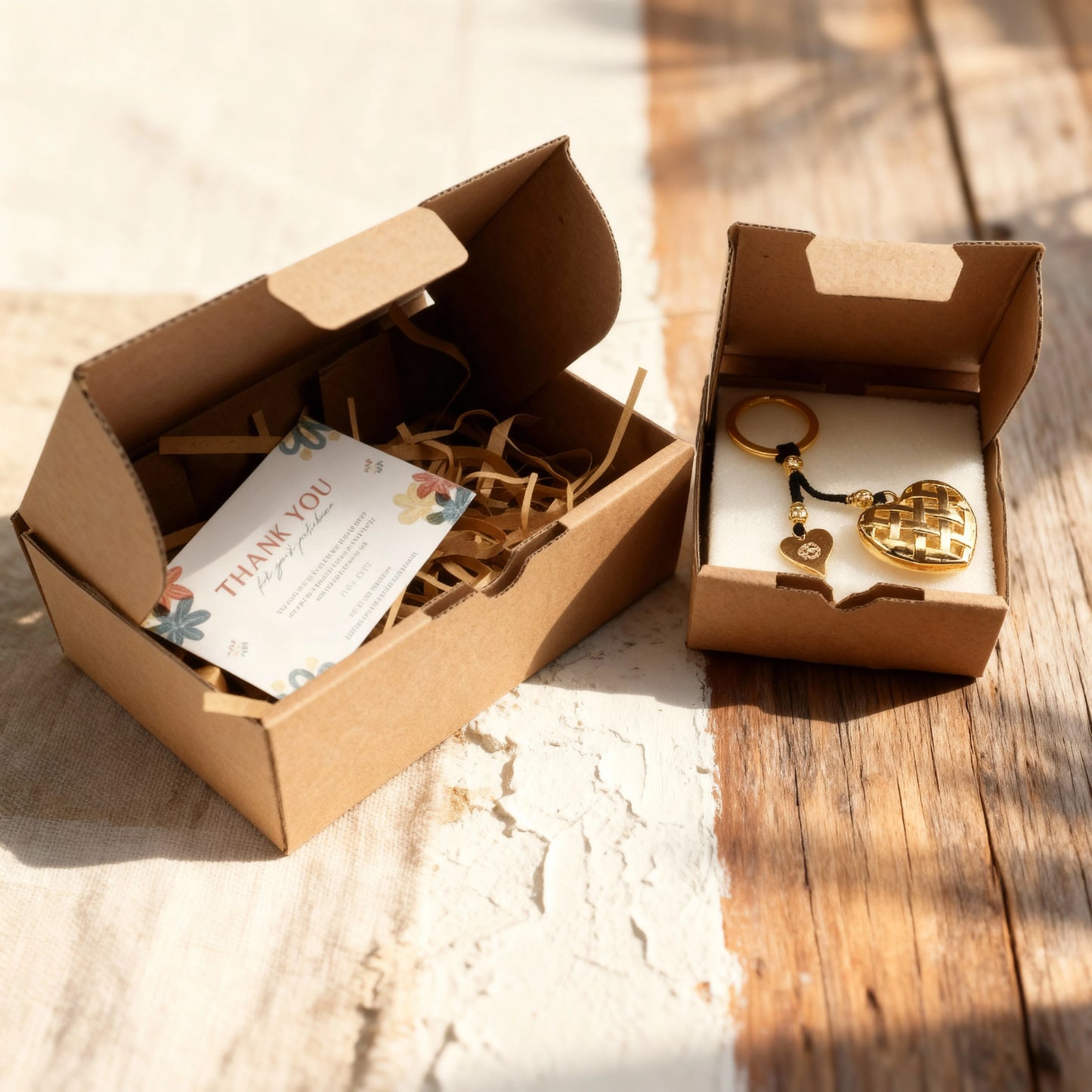 Gold heart keychain in eco-friendly brown box with thank you card and natural sunlight, Camins Fashion packaging style