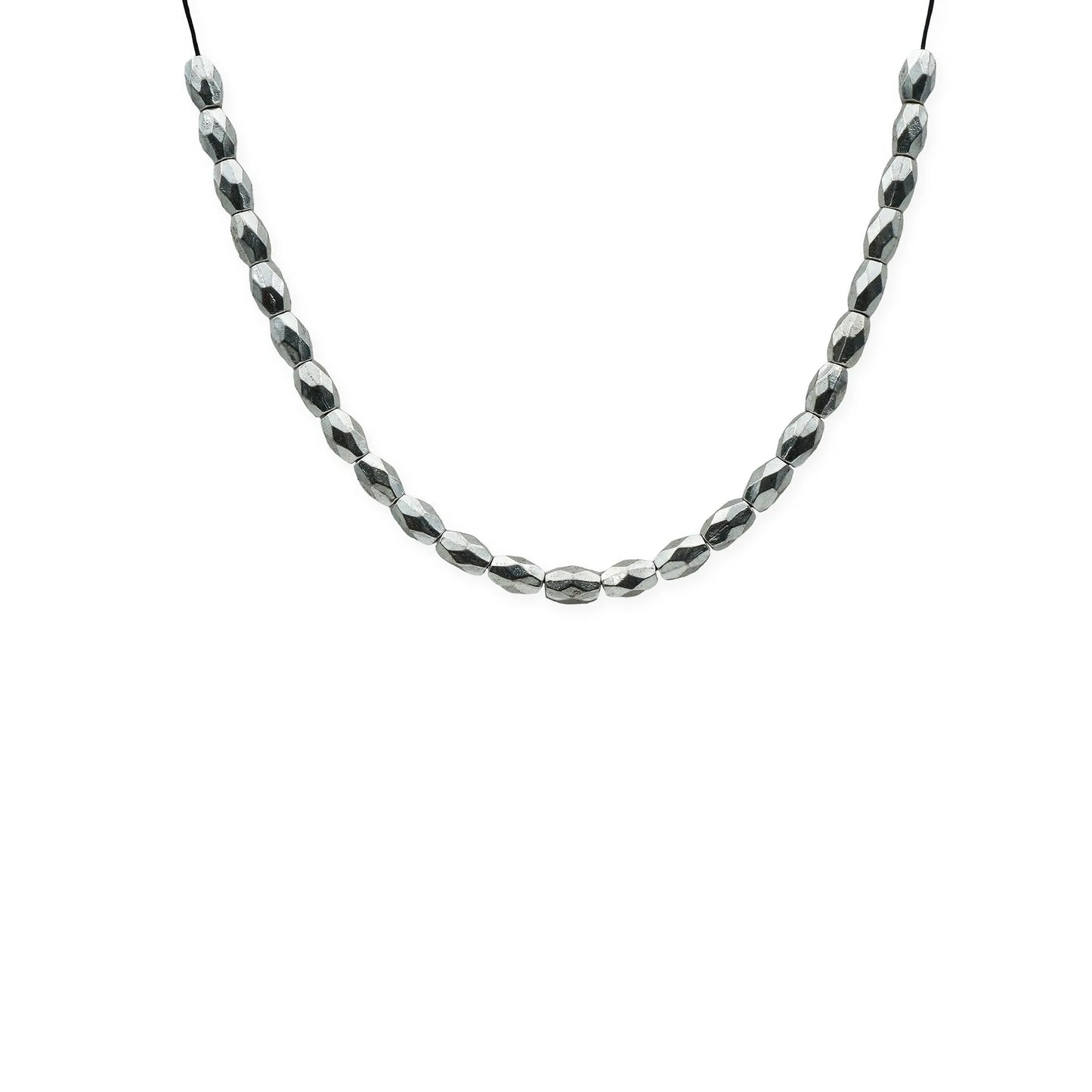 Close-up front view of the Isla Reflections Sliding Necklace featuring faceted silver beads on a silk cord, handmade in Bali with minimalist Mediterranean style.