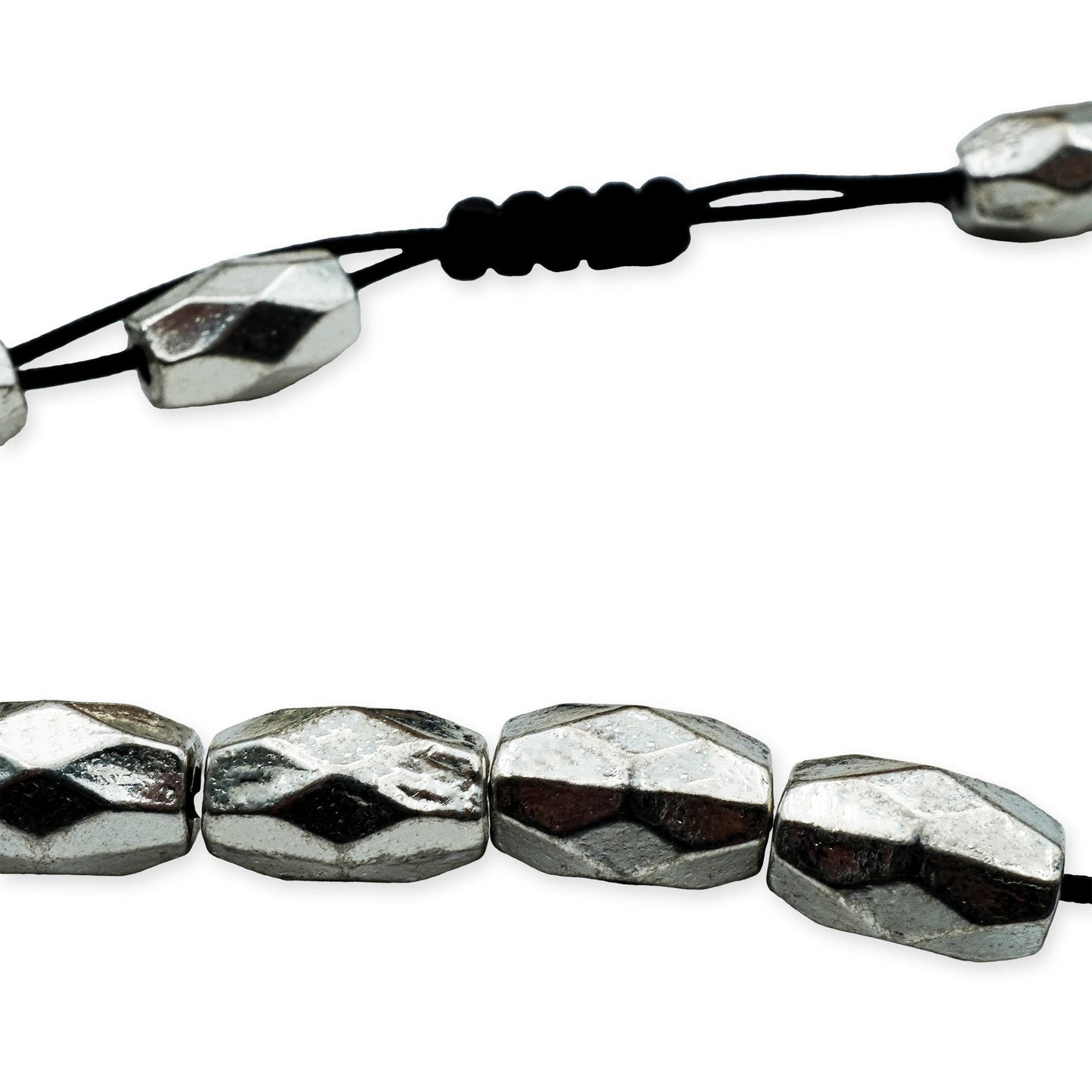 Close-up of Isla Reflections Necklace by Camins, featuring faceted silver beads strung on a sliding silk cord—handcrafted in Bali with Mediterranean elegance.