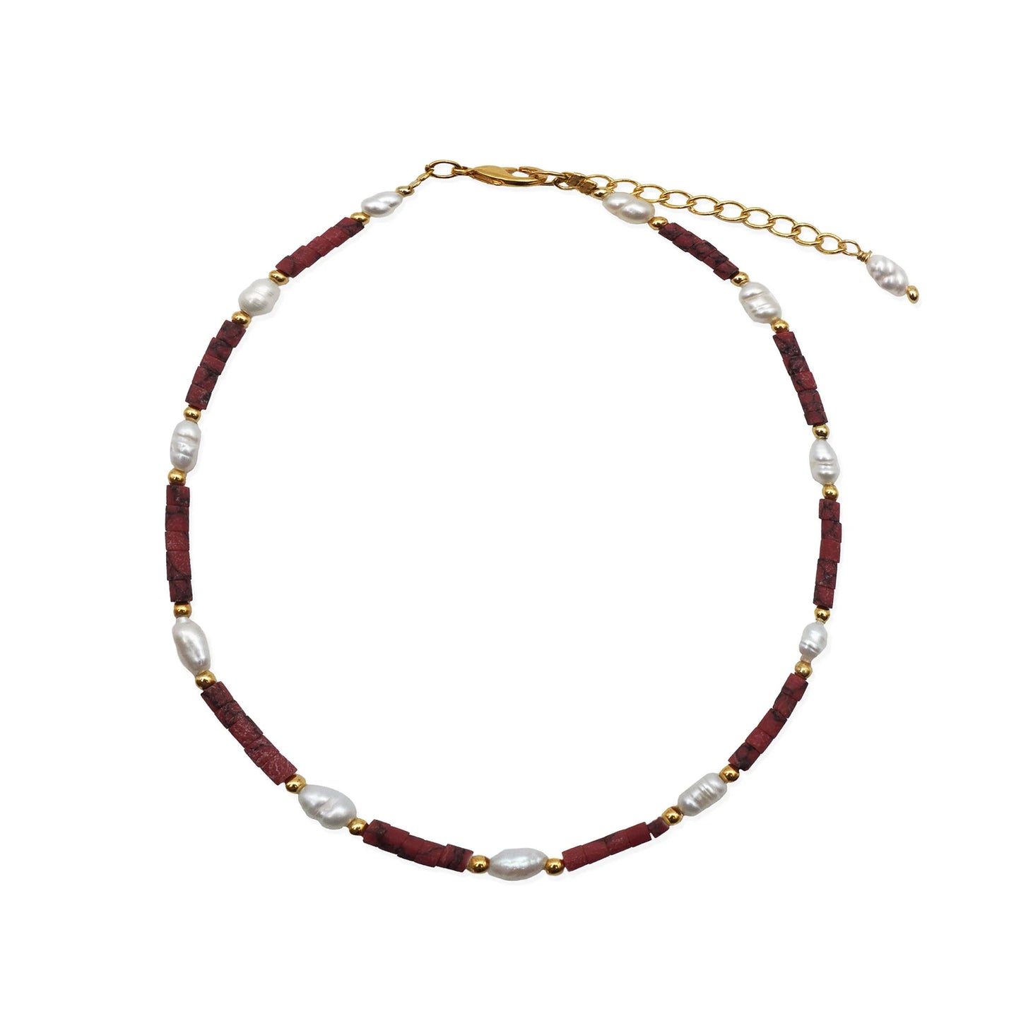 Scale view of the Crimson Pearl Anklet, arranged in a circular display to show size and proportions. Features crimson pearls with delicate boho beadwork, handmade in Bali.