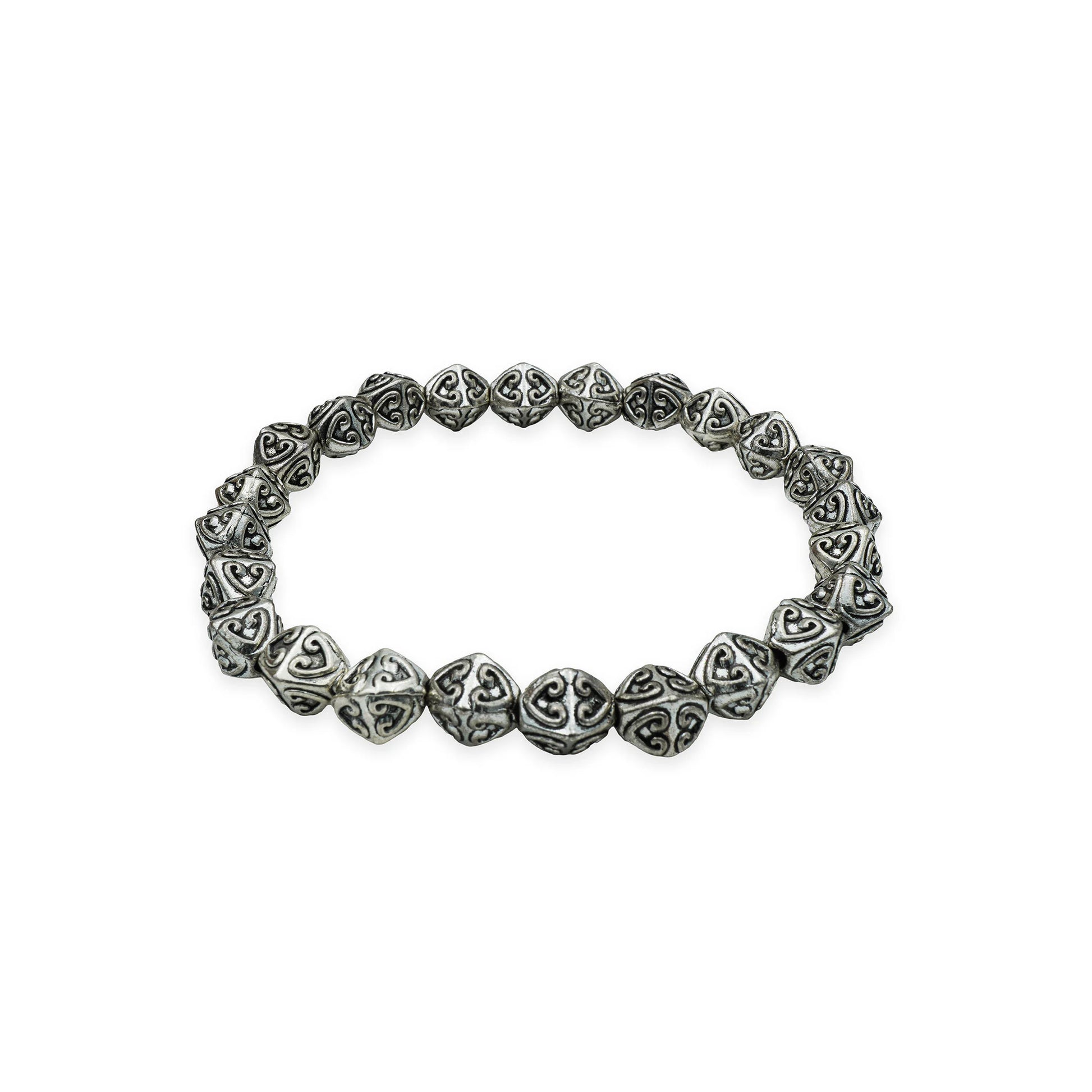 Side view of the Enchanted Hearts Bracelet, featuring silver heart charms with romantic boho style, handmade in Bali.