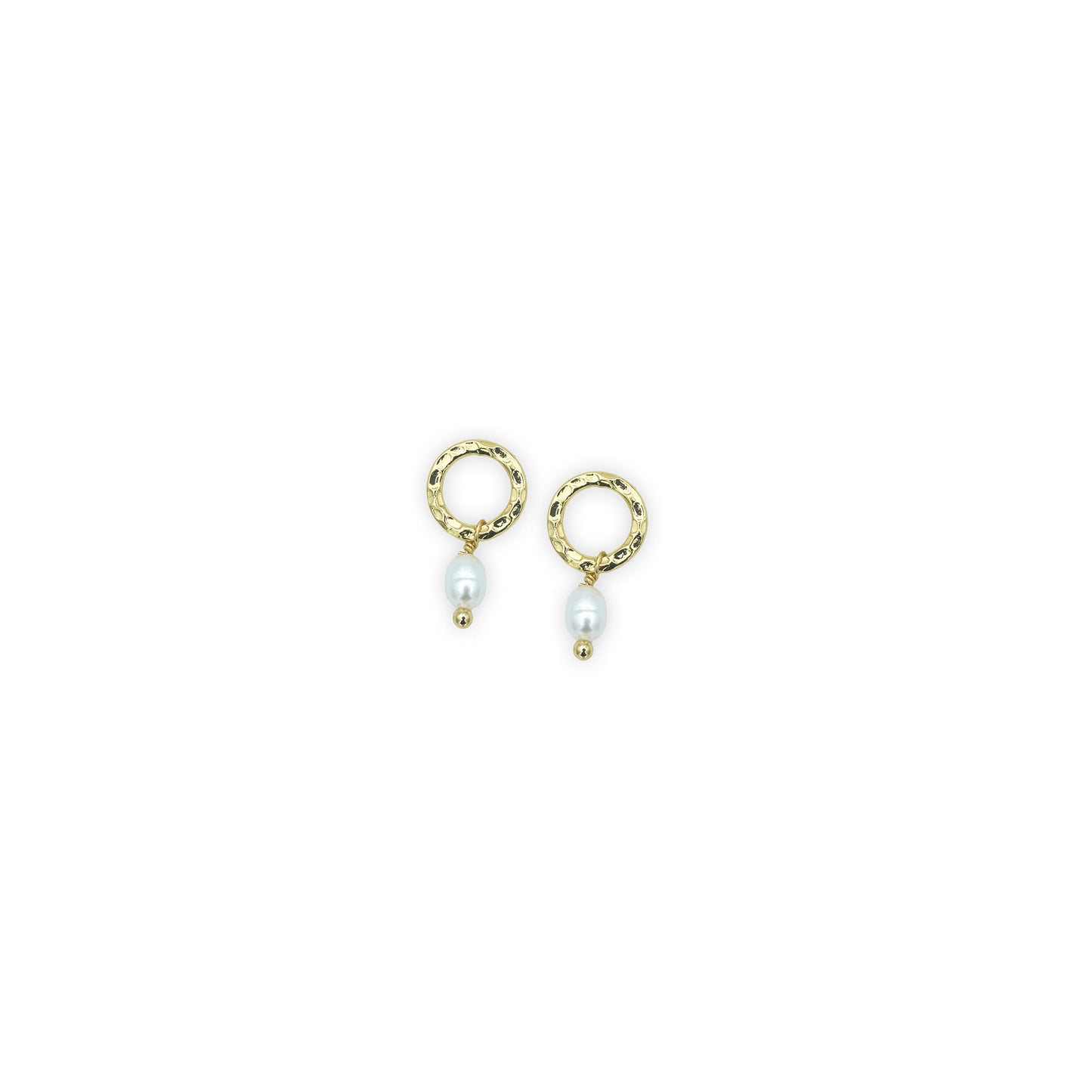 Gold Pearl Drop Earrings front view – Small gold hoops with freshwater pearl drops, showcasing elegant and minimalist design